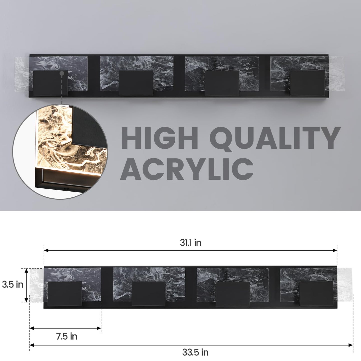 LED Bathroom Vanity Light: 24 inch Brushed Gold Acrylic Modern Lighting Fixtures - 3 Lights Contemporary Smoke Design Wall Lights Fixture Over Mirror 3000K