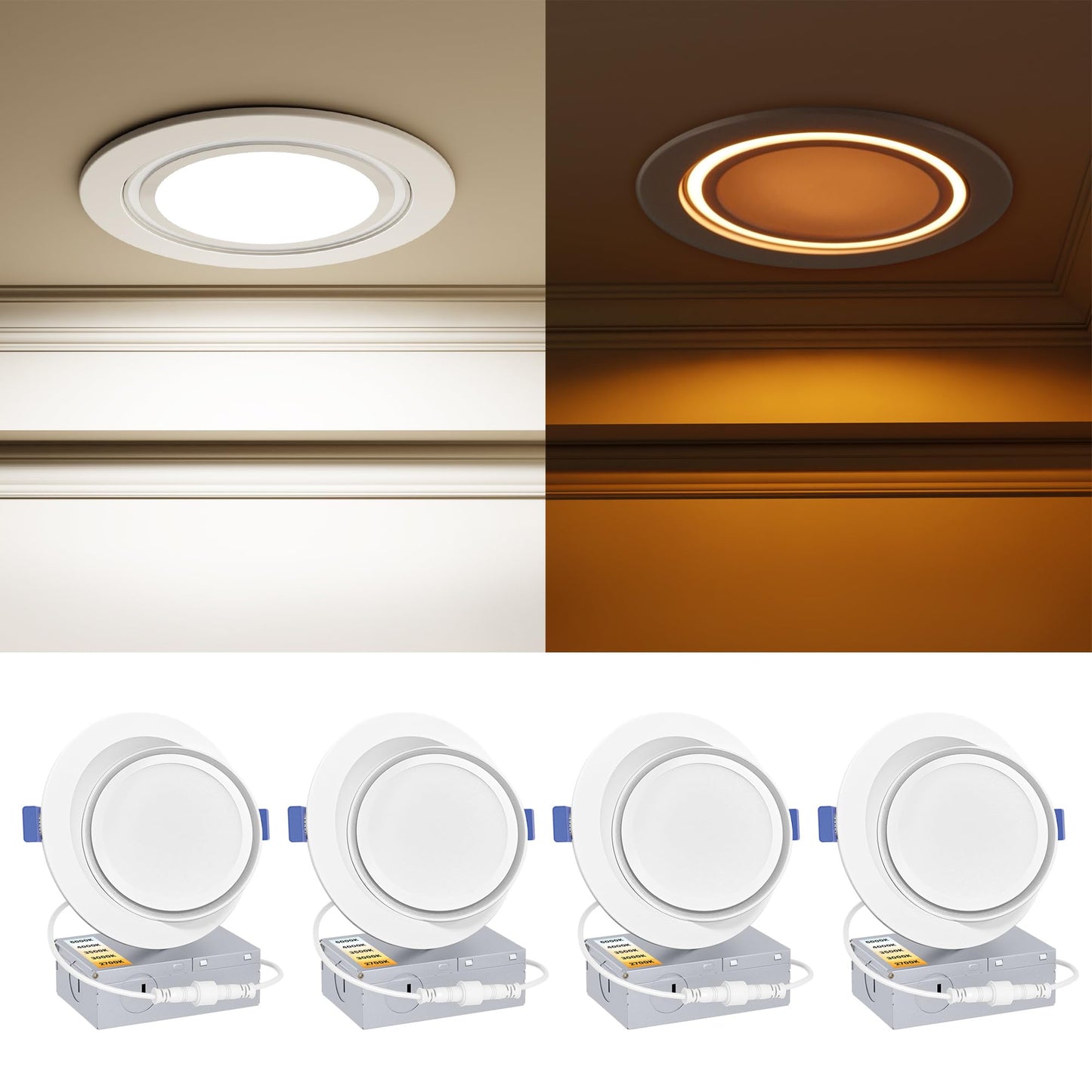 Ensenior 4 Pack 6 inch Gimbal Led Recessed Lighting with Night Light, 90° Rotatable and 2700K-5000K 5CCT Selectable, Dimmable Eyeball Recessed Lights, 1200LM, 12W=115W-FCC Certified
