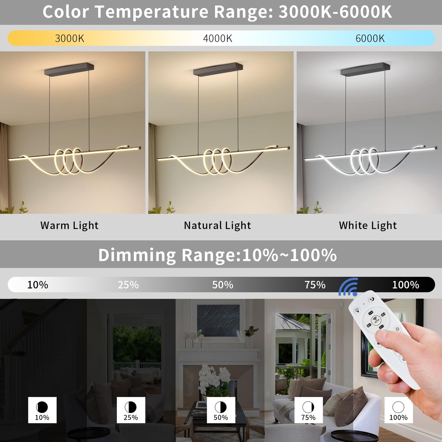 Modern LED Pendant Lights, 39in Chandelier Dimmable with Remote Control 3000k-6000K Adjustable Color Temperature, Aluminum Island Lighting Lamp Fixture for Kitchen, Dining Room, Billiard Room