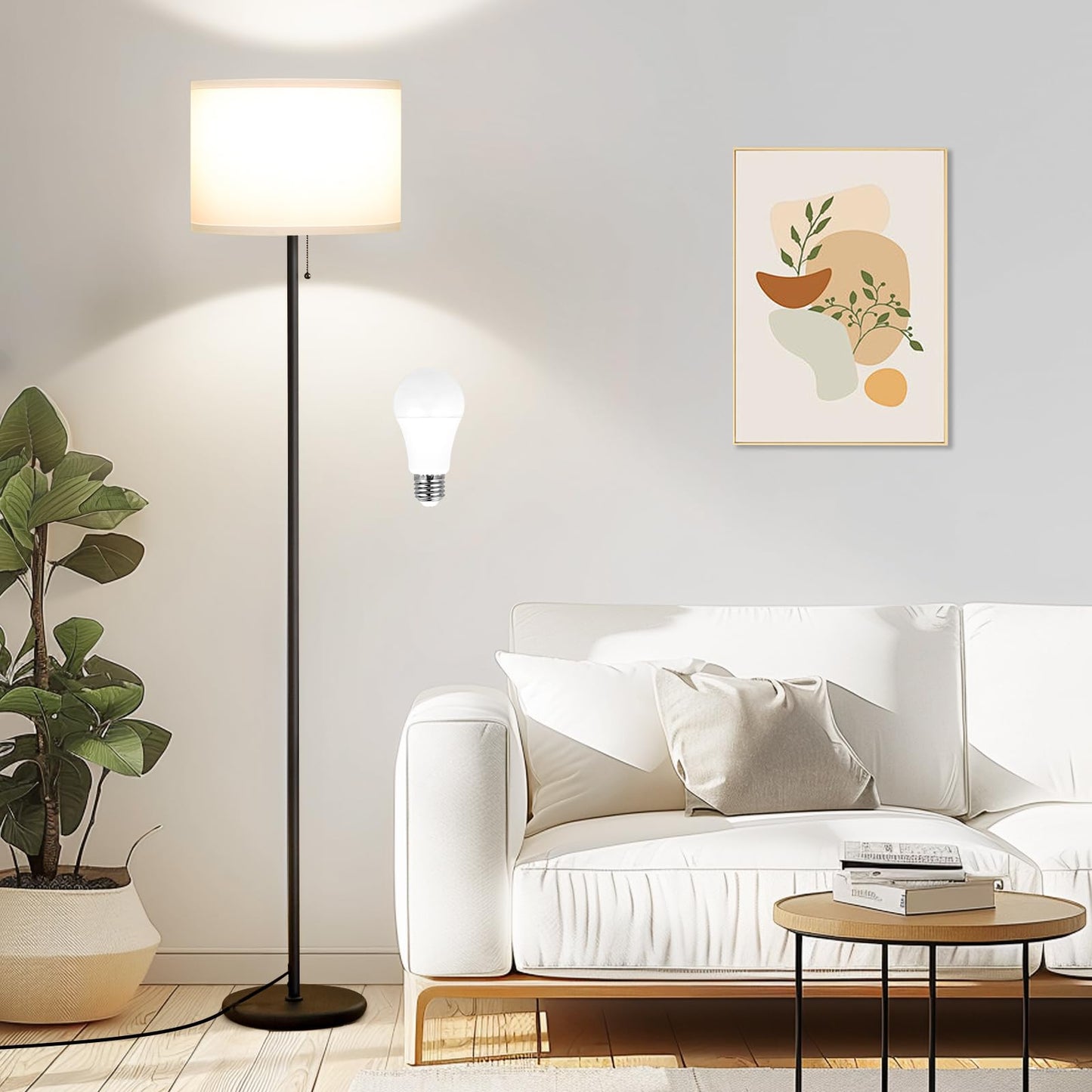 Modern Floor Lamp Simple Design with White Shade, Foot Pedal Switch, 60" Small Tall Lamps for Living Room Bedroom Office Dining Room Kitchen, Black Pole Lamp(Without Bulb)