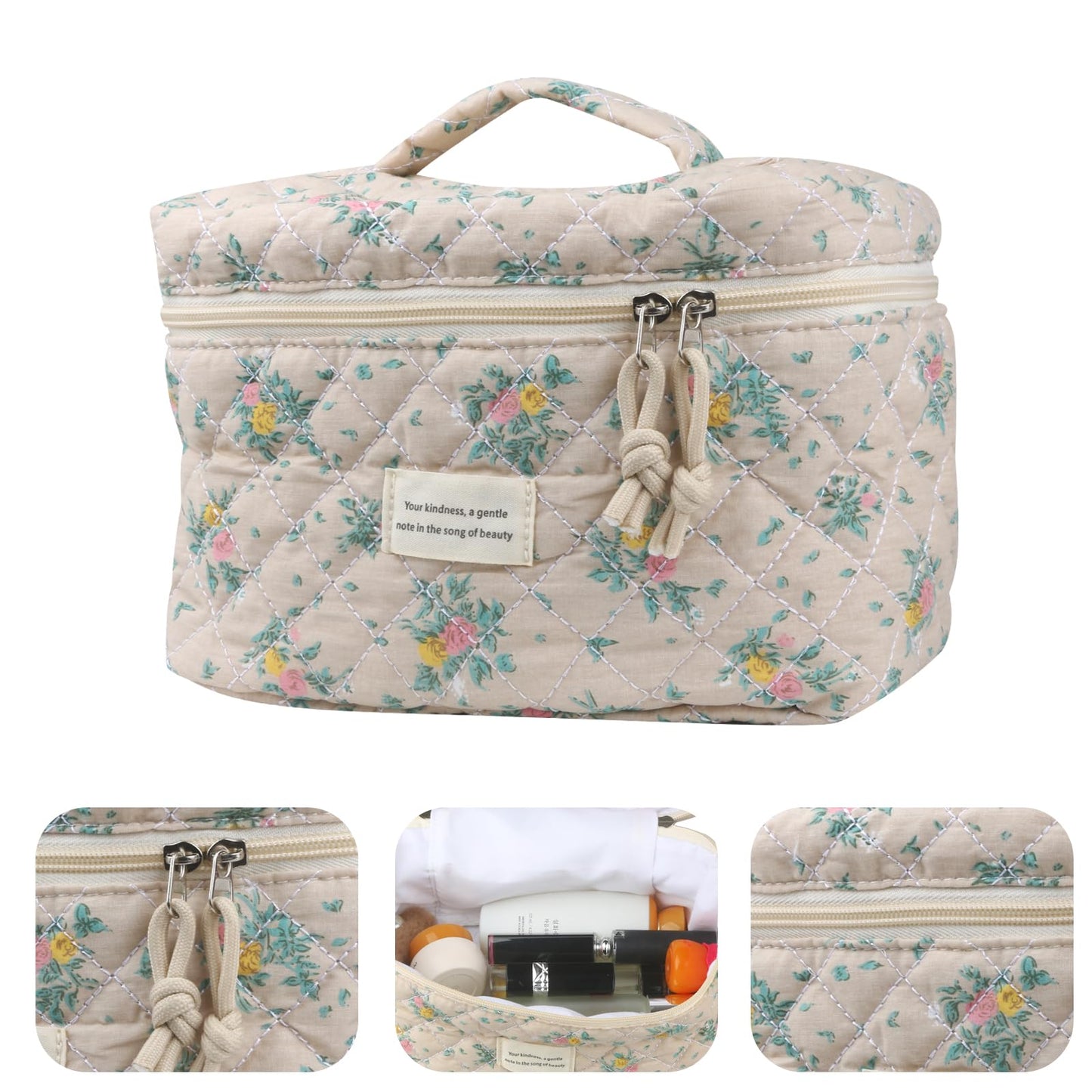 Cute Makeup Bag for Women(2 Pcs), Travel Cosmetic Bags, Quilted Coquette Aesthetic Floral Toiletry Organizer Bag (NavyBlue Flower)
