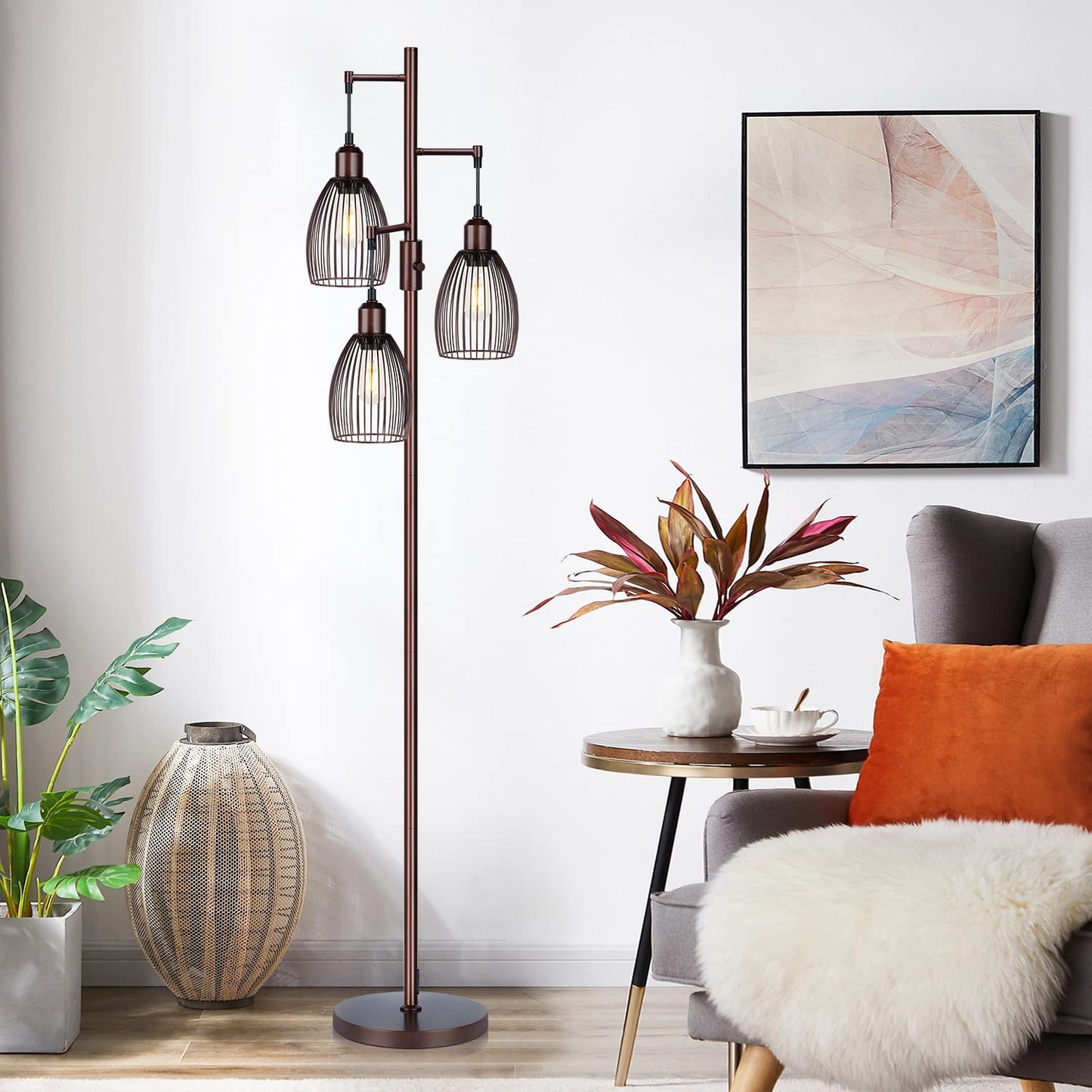 Dimmable Industrial Floor Lamps for Living Room, Gold Tree Standing Tall Lamps with 3 Elegant Teardrop Cage Head & 800 Lumens LED Bulbs for Bedroom Office