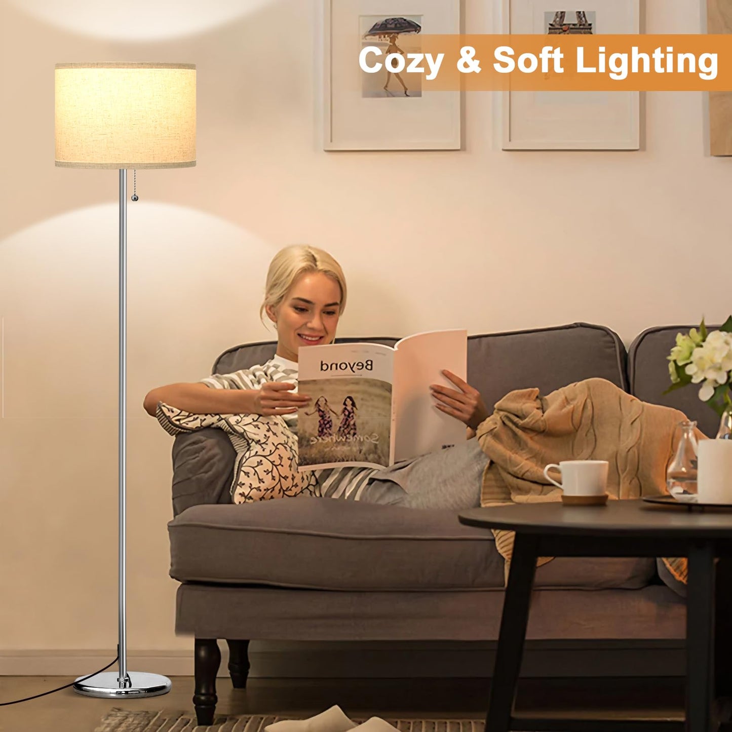 Modern Floor Lamp Simple Design with White Shade, Foot Pedal Switch, 60" Small Tall Lamps for Living Room Bedroom Office Dining Room Kitchen, Black Pole Lamp(Without Bulb)