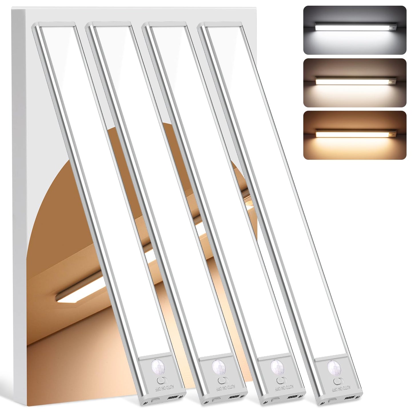 Under Cabinet Lighting Wireless, 4Pack Motion Sensor Light Indoor with 3 Color Temps, Dimmable Closet Lights Battery Operated, LED Magnetic Light, Rechargeable Under Counter Lights for Kitchen Home