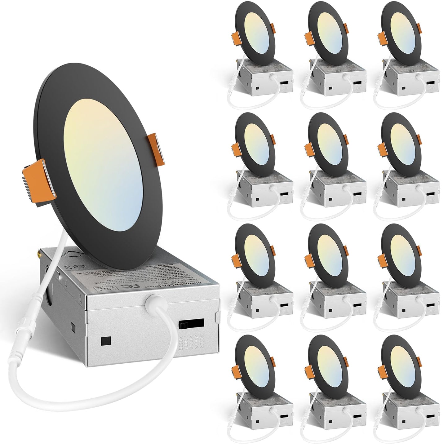 Amico 12 Pack 6 Inch 5CCT Ultra-Thin LED Recessed Ceiling Light with Junction Box, 1050LM Brightness, Dimmable Canless Wafer Downlight, 12W, ETL&FCC