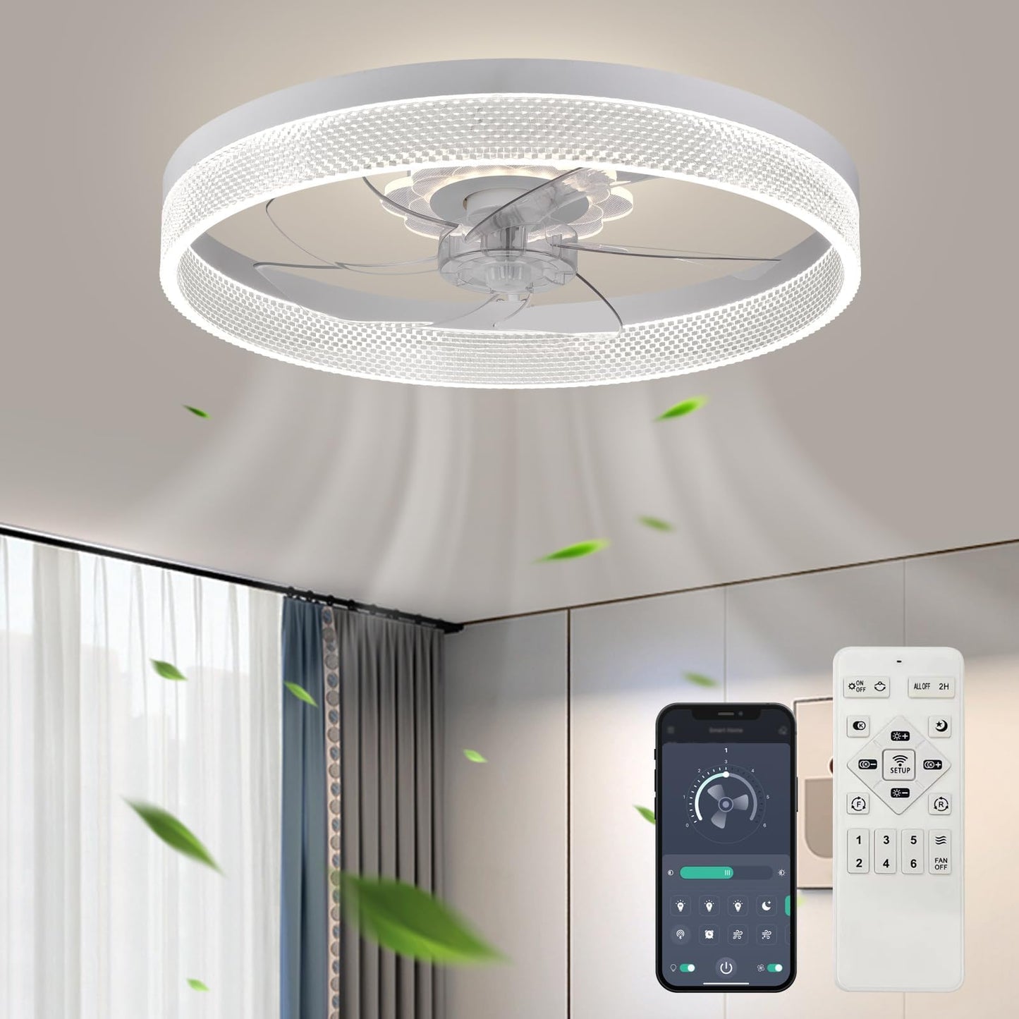 20‘’ Ceiling Fan with Light, Upgraded Low Profile Fan, Flush Mount Ceiling Fan, 6 Speeds, Dimmable LED, App & Remote Control, Quiet DC Motor, for Bedroom, Living Room, F115 White