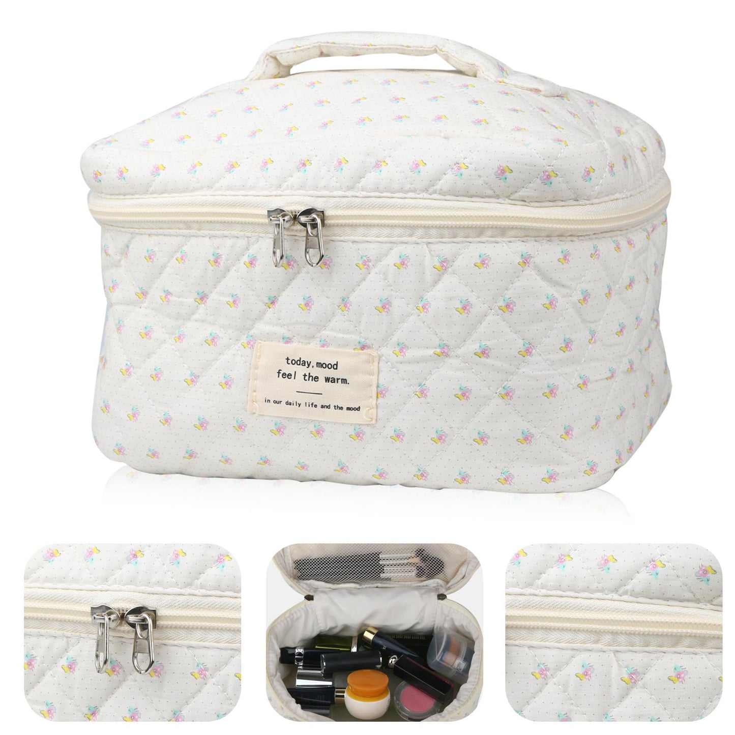 Cute Makeup Bag for Women(2 Pcs), Travel Cosmetic Bags, Quilted Coquette Aesthetic Floral Toiletry Organizer Bag (NavyBlue Flower)