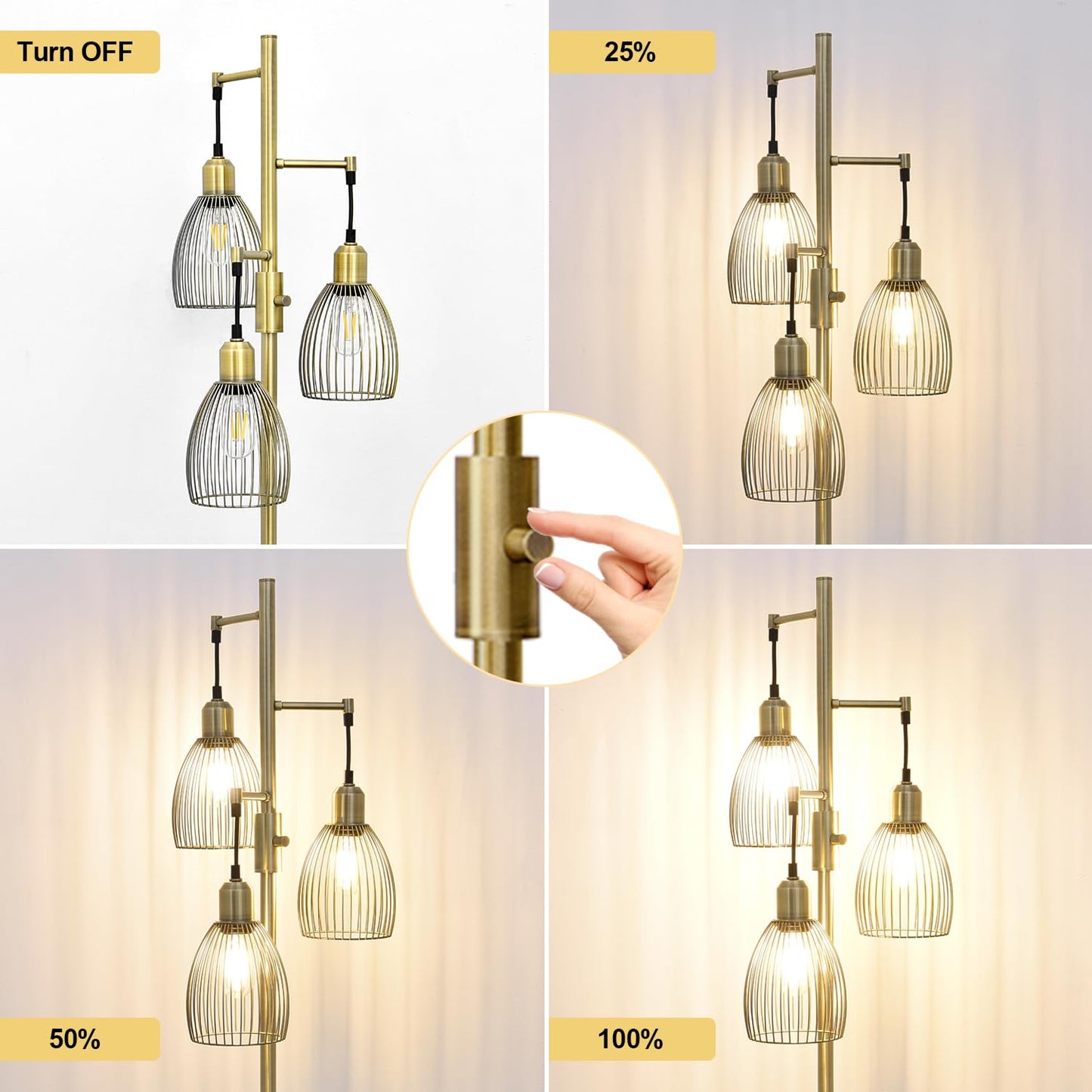 Dimmable Industrial Floor Lamps for Living Room, Gold Tree Standing Tall Lamps with 3 Elegant Teardrop Cage Head & 800 Lumens LED Bulbs for Bedroom Office