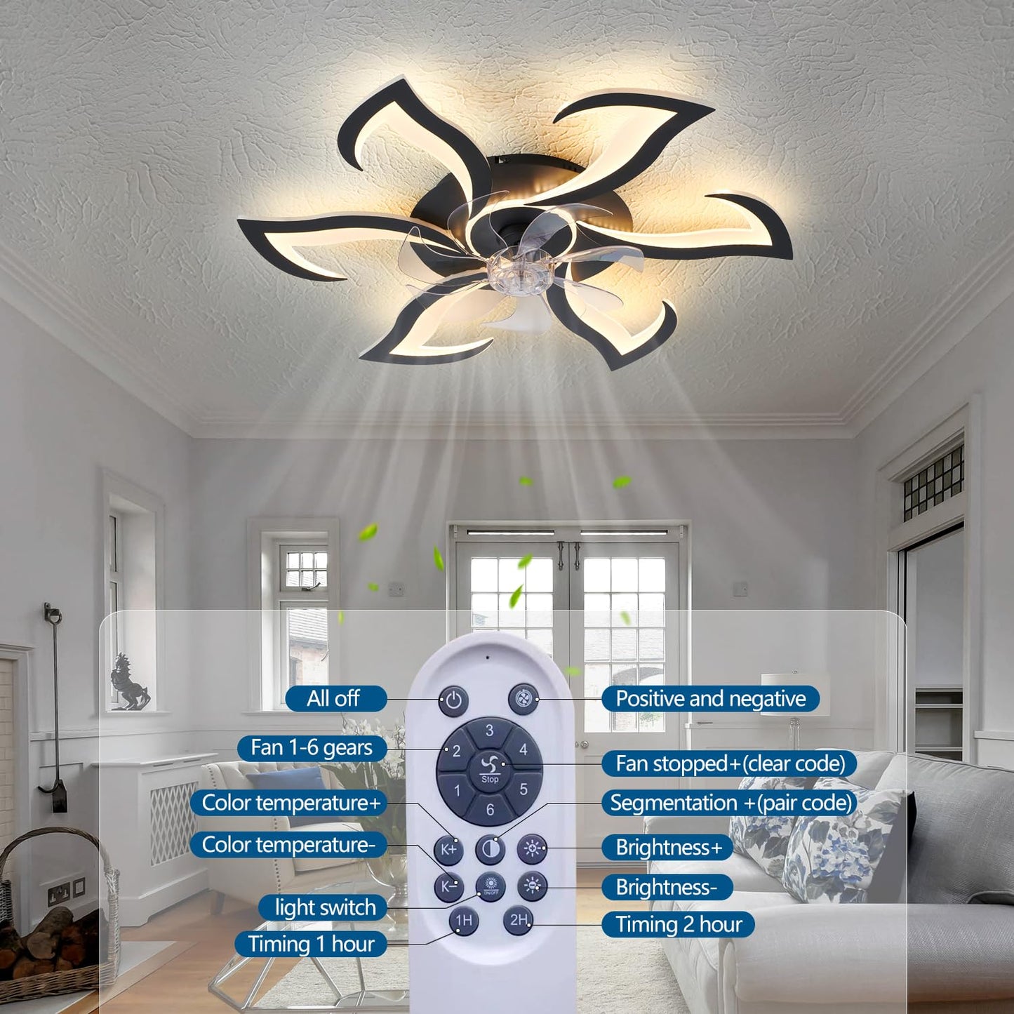 Ceiling Fan with Lights Remote Control, 24" Black, 6 Speeds 3 Light Color Low Profile Flush Mount Ceiling Fan for Kitchen Bedroom