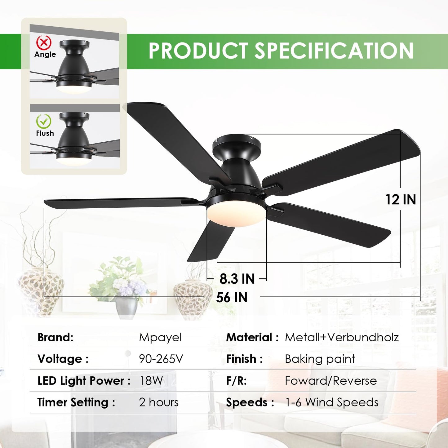 Ceiling Fans with Lights- 52" Low Profile Indoor Ceiling Fan with Light and Remote/APP Control, Flush Mount, LED Dimmable DC Reversible Modern Ceiling Fan for Bedroom(Black)