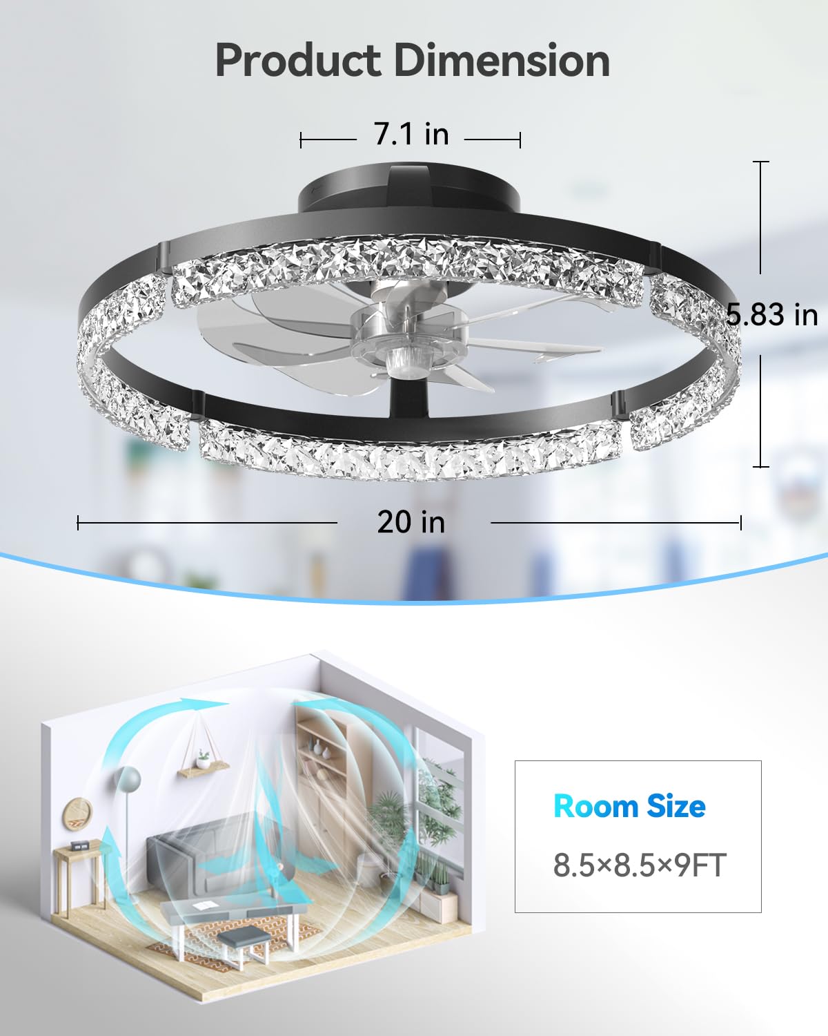 addlon Ceiling Fans with Lights and Remote, 20'' Low Profile Ceiling Fans, 3000-6000K Dimmable Modern Flush Mount LED Fan Light, Fandelier Ceiling Fan for Bedroom, Kitchen, Living Room, Black