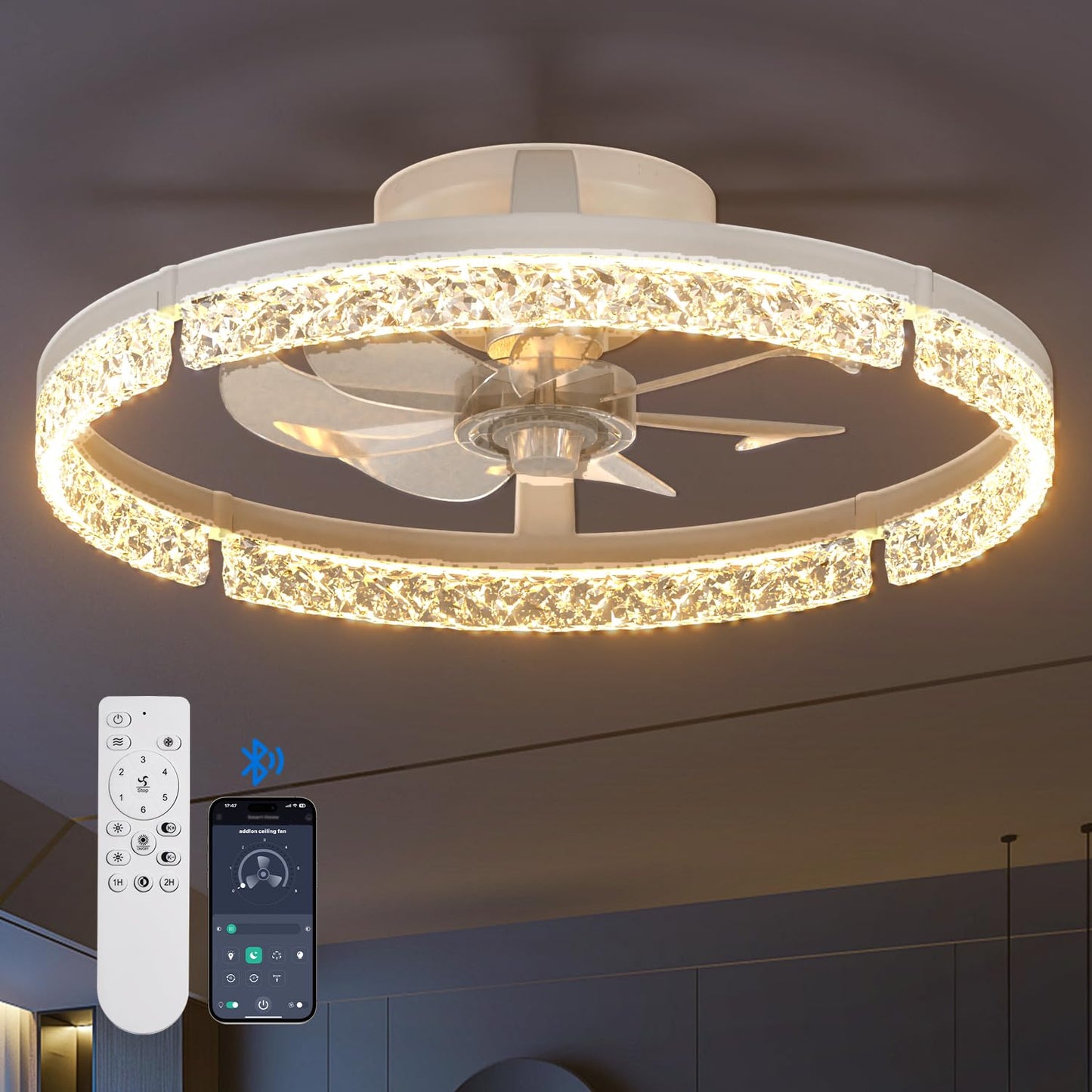 addlon Ceiling Fans with Lights and Remote, 20'' Low Profile Ceiling Fans, 3000-6000K Dimmable Modern Flush Mount LED Fan Light, Fandelier Ceiling Fan for Bedroom, Kitchen, Living Room, Black
