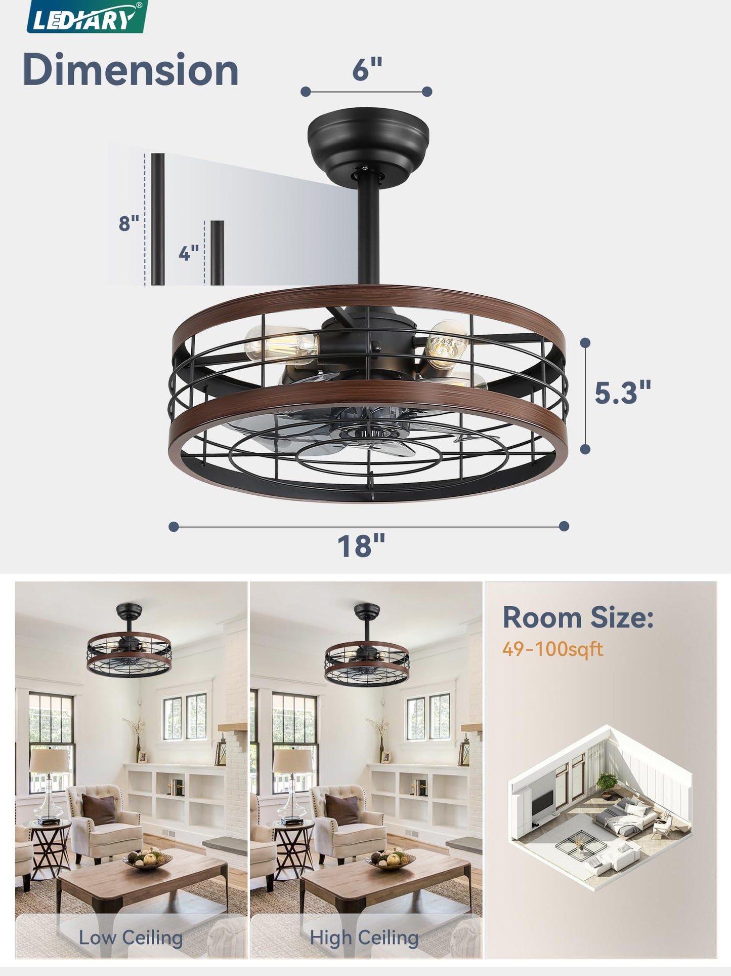 LEDIARY 16.5 inch Black Caged Ceiling Fan with Light, Fandelier Industrial Ceiling Fan with Remote, Farmhouse Fan Lights Ceiling Fixtures for Kitchen, Bedroom, Outdoor(6 Speed, Timing)-Black