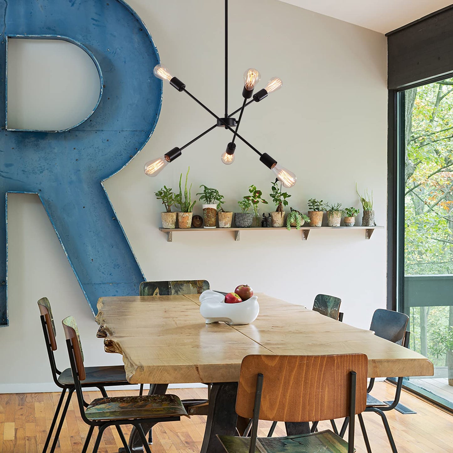 Black Sputnik Chandelier 6 Lights Modern Industrial Ceiling Light Mid Century Vintage Contemporary Pendant Dining Room Lighting Fixtures Hanging