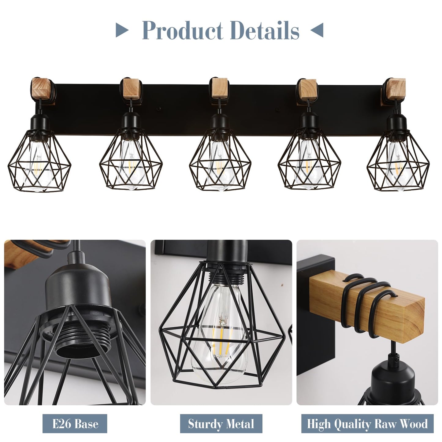 Farmhouse Vanity Light for Bathroom, 3-Light Wood Bathroom Vanity Light Fixtures Over Mirror, Rustic Sconces Wall Lighting with Metal Lampshade for Living Room, Bedroom, Hallway