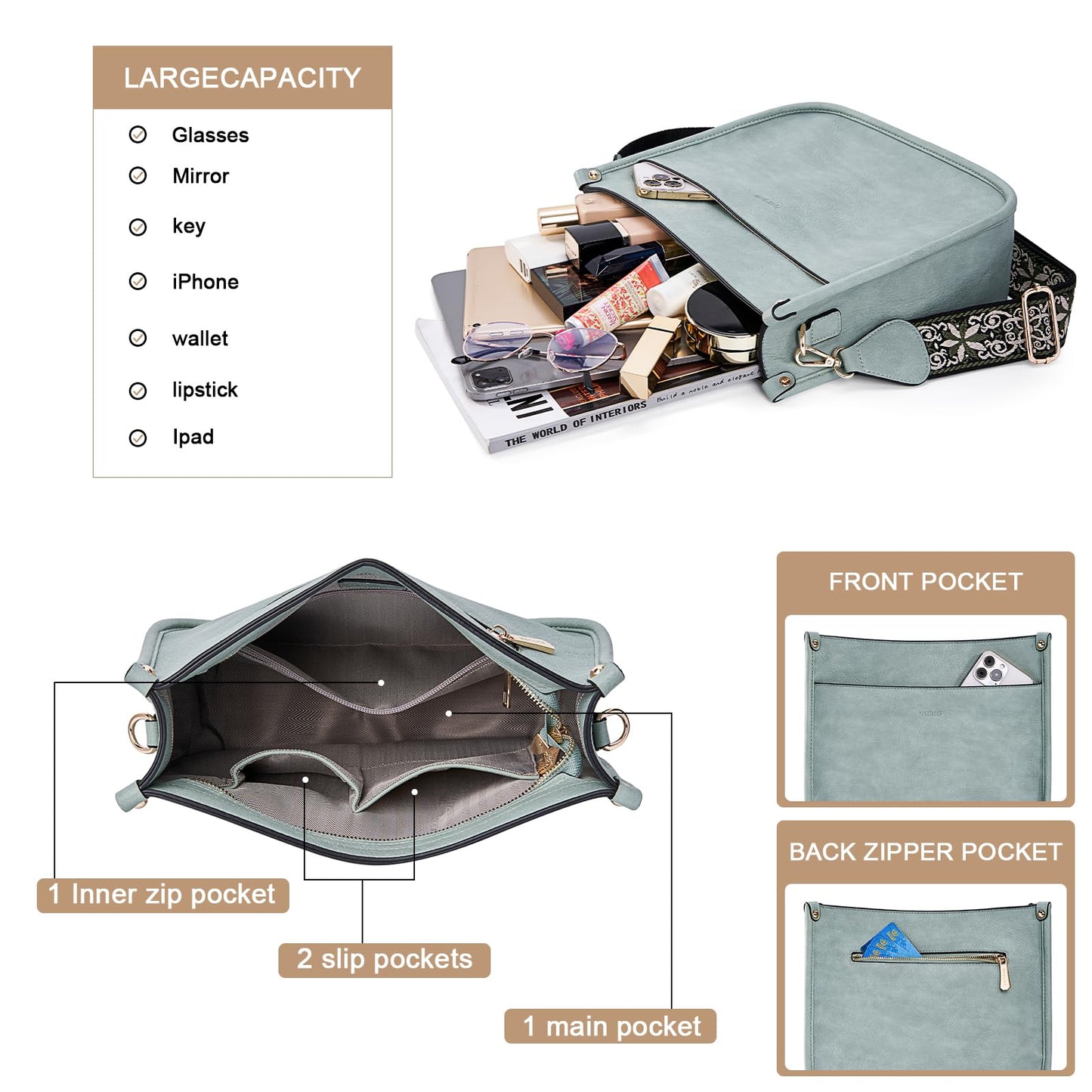 HKCLUF Crossbody Bags for Women Trendy Vegan Leather Hobo Handbags With 2PCS Adjustable Guitar Strap Shoulder Bucket Bags