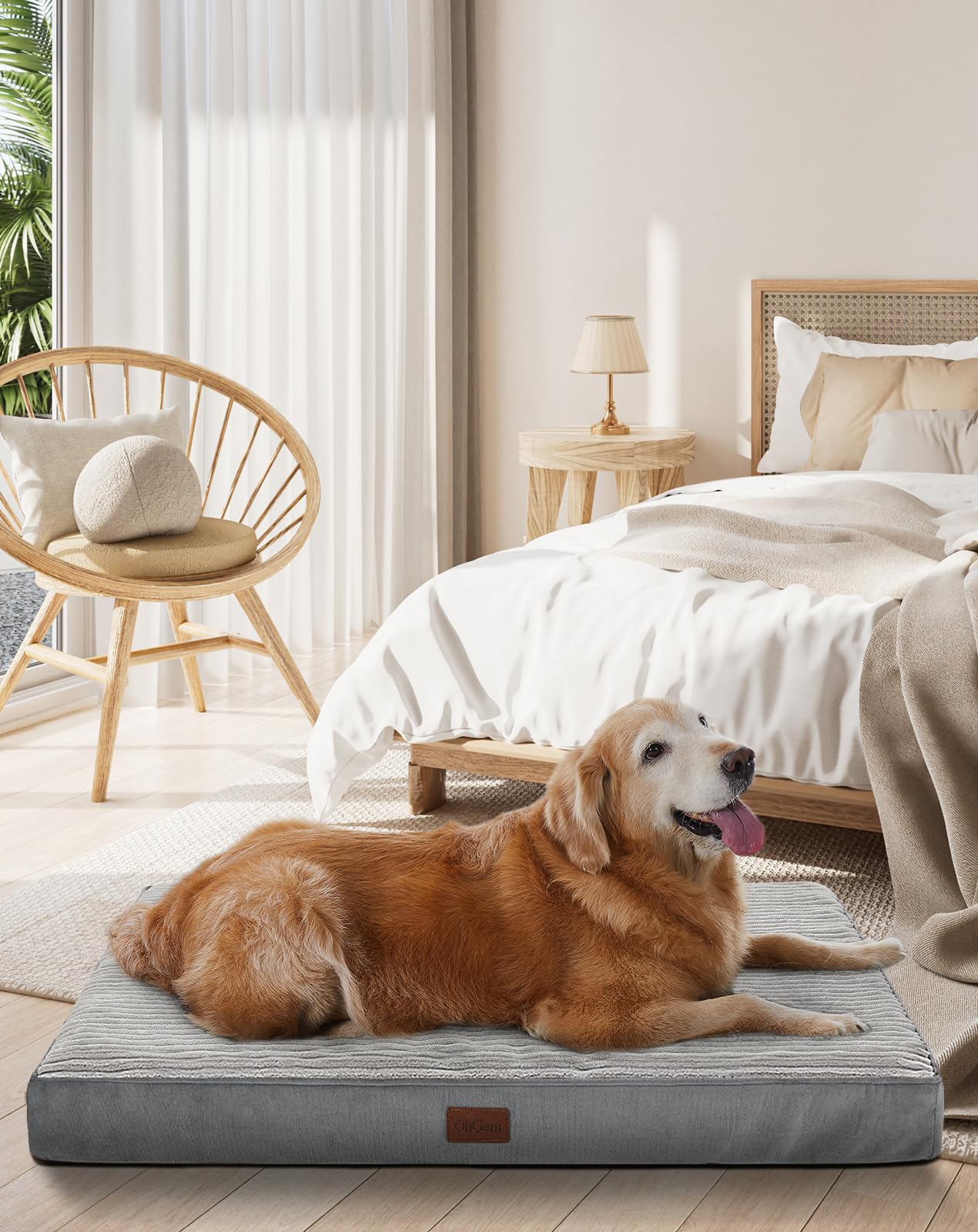 OhGeni 35 Inch Orthopedic Waterproof & Machine Washable Dog Bed for Medium Large Pets, Suitable for Crates, 25D Egg Crate Foam, Non-Slip Bottom & Removable Cover, Invisible Zipper(Gray)