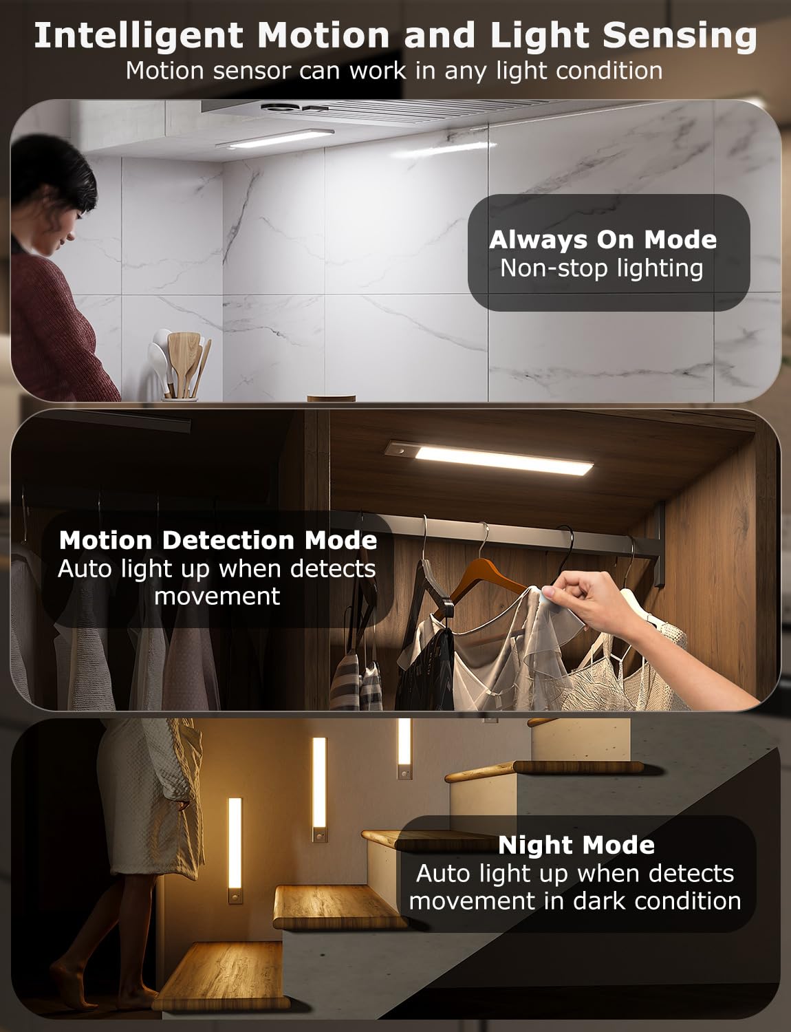 12" Thin Motion-Activated Under Cabinet Lighting, Aluminum Alloy Under Counter Lights for Kitchen, 3-Color-Temps Magnetic Closet Lights, Rechargeable Motion Sensor Light Indoor (4Pack, Silver)