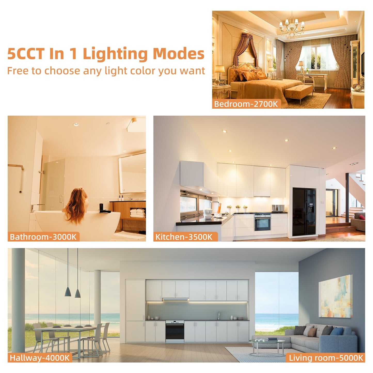 HONZIN 4 Pack 4 Inch Gimbal Recessed Lighting, 360° & 90° Adjustable Canless Downlight - 9W LED 750LM High Brightness, 5CCT 2700K-5000K Selectable, ETL/FCC & IC Rated, CRI90+ Dimmable