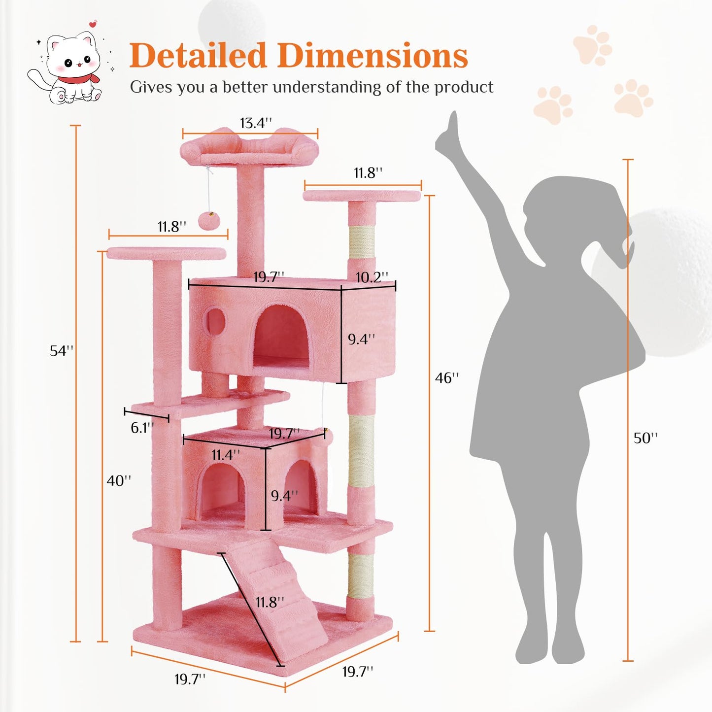 Sweetcrispy 54-Inch Cat Tree Tower – Multi-Level with Sisal Scratching Post, Perfect Pet Gift, Indoor Condo with Climbing Ladder, Plush Toy, and More Animal Stuff, Light Grey