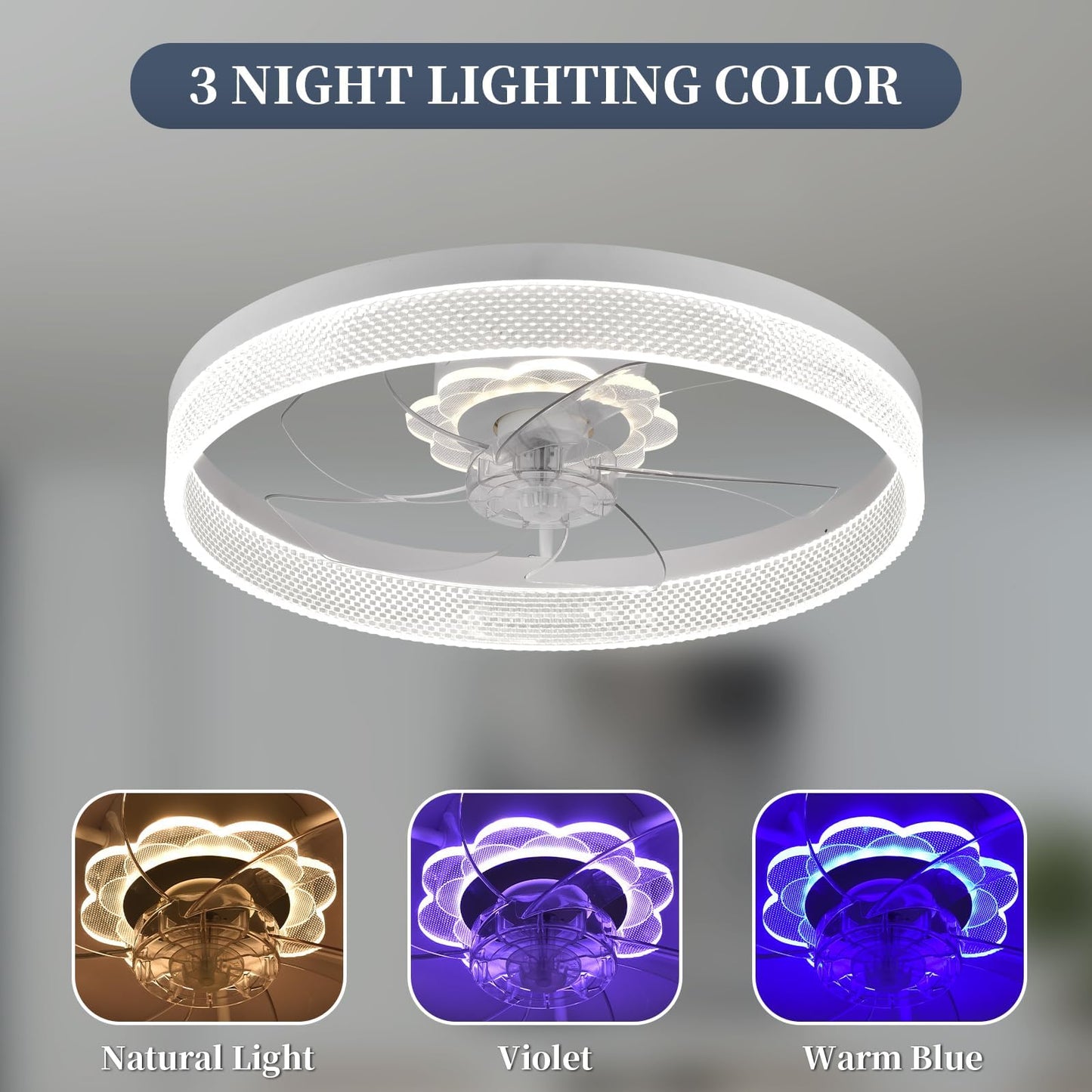 20‘’ Ceiling Fan with Light, Upgraded Low Profile Fan, Flush Mount Ceiling Fan, 6 Speeds, Dimmable LED, App & Remote Control, Quiet DC Motor, for Bedroom, Living Room, F115 White