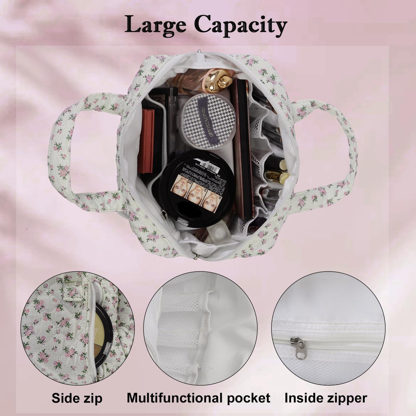 Cute Makeup Bag for Women(2 Pcs), Travel Cosmetic Bags, Quilted Coquette Aesthetic Floral Toiletry Organizer Bag (NavyBlue Flower)