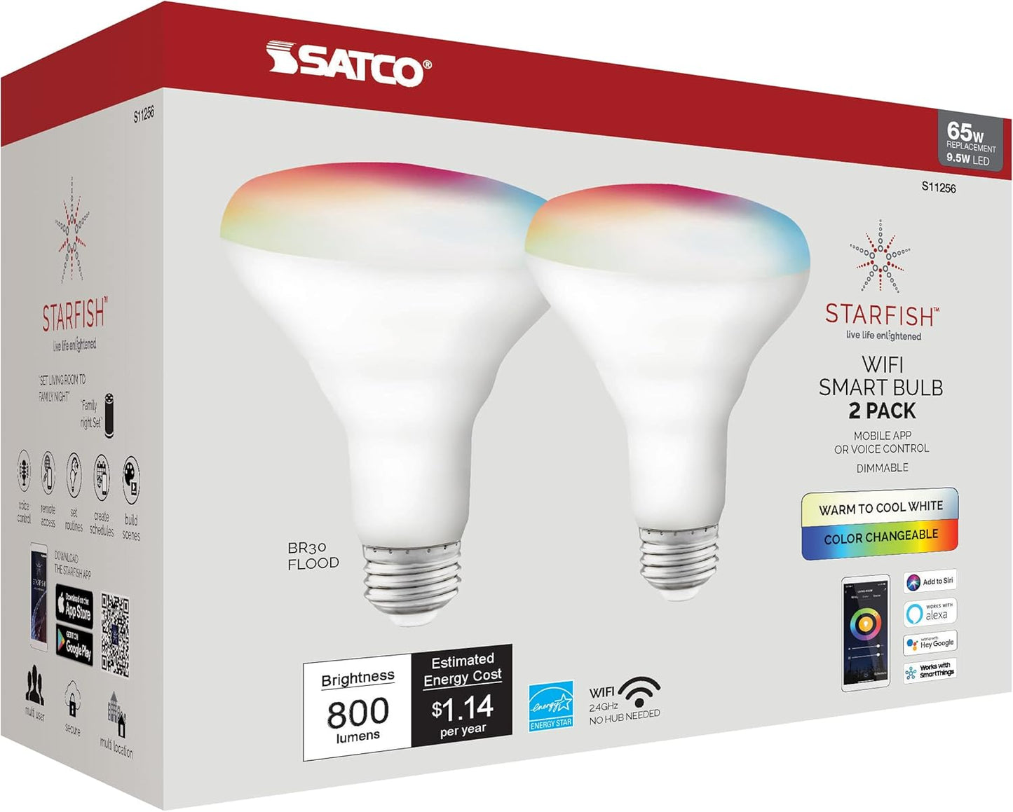 Satco S11256 Starfish BR30 WiFi Smart LED Light Bulb, Works with Siri, Alexa, Google Assistant, SmartThings, 9.5 Watt, 120 Volt, 800 Lumens, Color Changing & Tunable White, 2-Pack