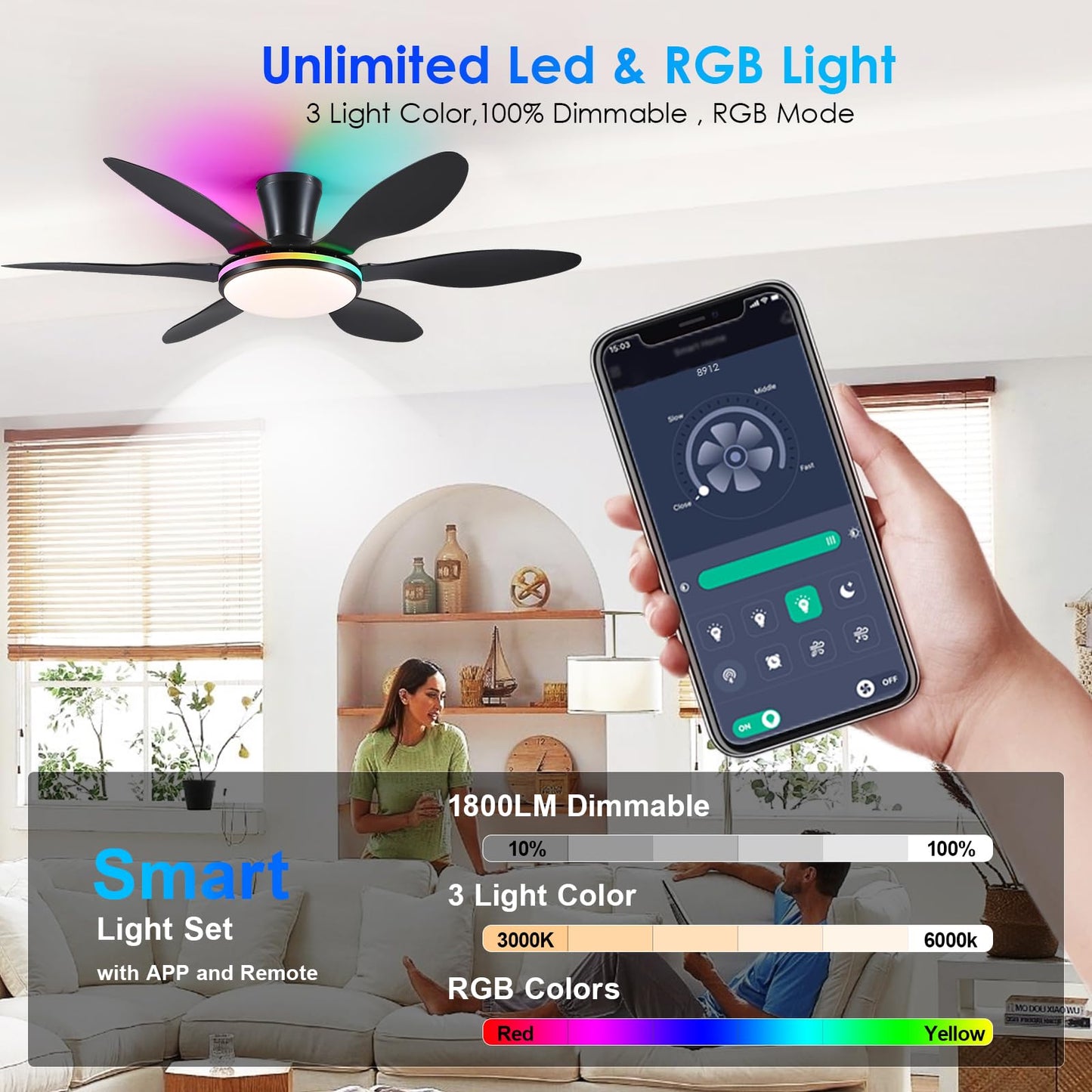 Ceiling Fans with Lights, 51 inch Modern Black Low Profile Ceiling Fan with Light and Remote App Control, Flush Mount, Quiet DC Reversible, Dim Led Ceiling Fan 6 Blade Softer Wind Indoor/Outdoor Patio