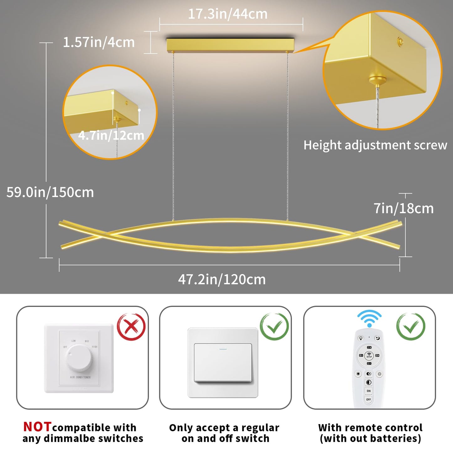 Modern LED Pendant Lights, 39in Chandelier Dimmable with Remote Control 3000k-6000K Adjustable Color Temperature, Aluminum Island Lighting Lamp Fixture for Kitchen, Dining Room, Billiard Room