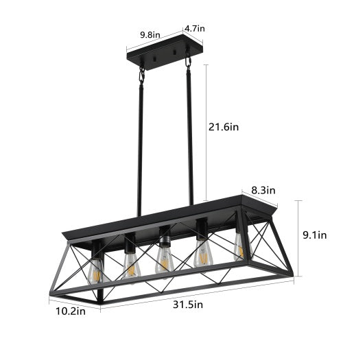 5 Lamps Farmhouse Chandelier For Dining Room, Metal Rustic Chandelier Island Lamp, Modern Rectangular Island Lamp For Kitchen, Living Room Pure Black - No Bulbs