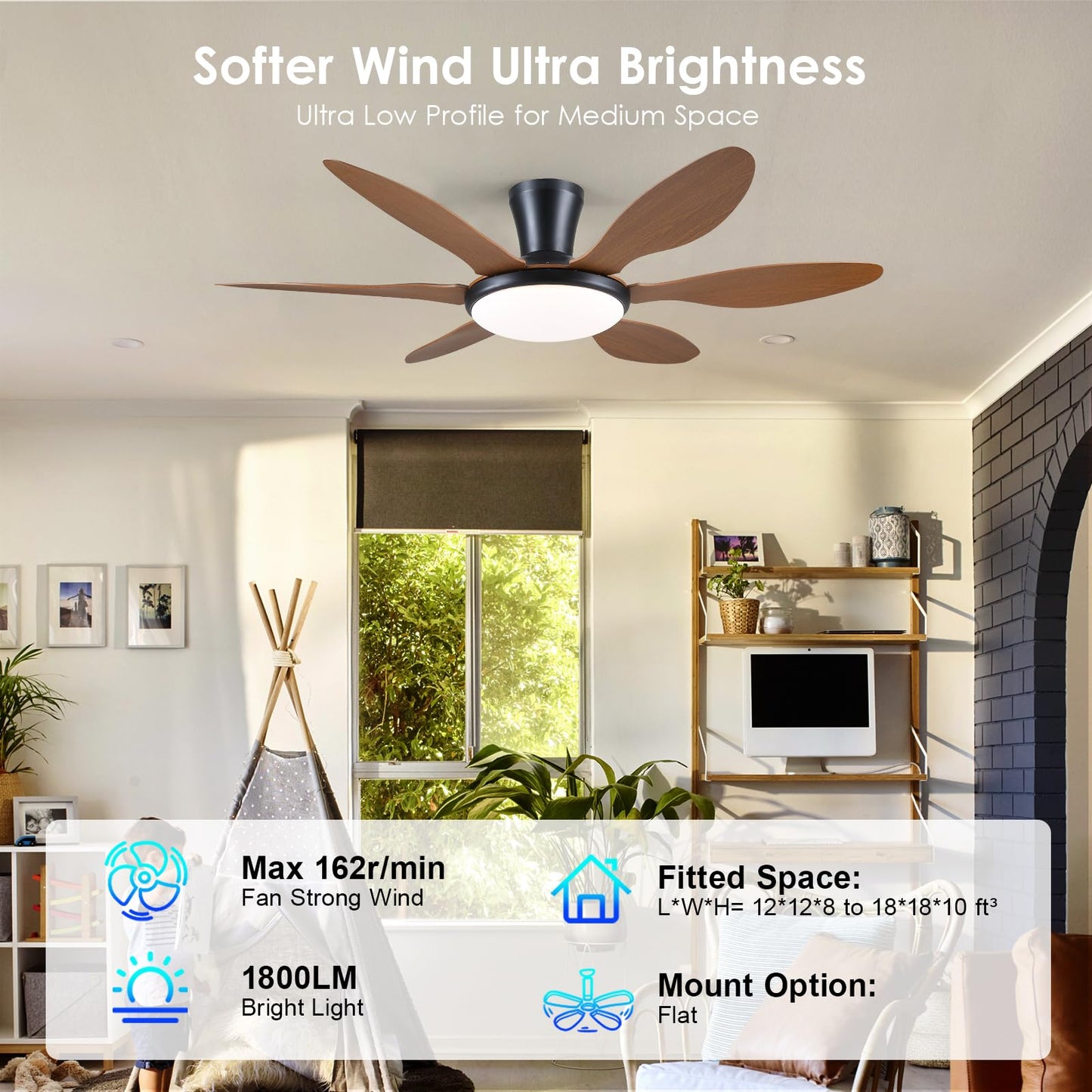 Ceiling Fans with Lights, 51 inch Modern Black Low Profile Ceiling Fan with Light and Remote App Control, Flush Mount, Quiet DC Reversible, Dim Led Ceiling Fan 6 Blade Softer Wind Indoor/Outdoor Patio