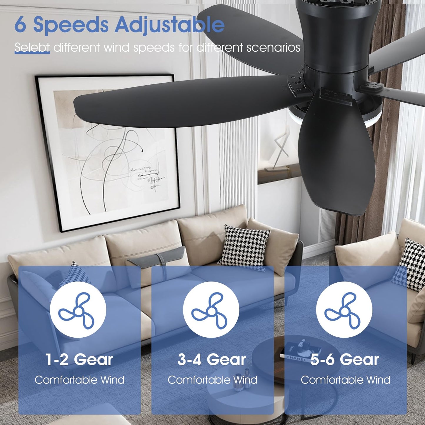 Ceiling Fans with Lights-36 Low Profile Ceiling Fan with Light and Remote/APP Control,Flush Mount,DC Reversible,LED Dimmable Blakc Ceiling Fans for Bedroom,Indoor/Outdoor Patio Use