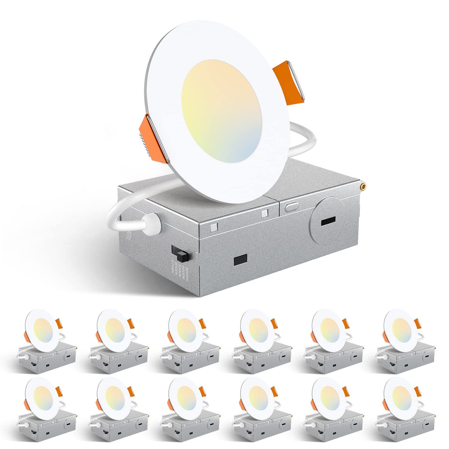 Amico 12 Pack 6 Inch 5CCT Ultra-Thin LED Recessed Ceiling Light with Junction Box, 1050LM Brightness, Dimmable Canless Wafer Downlight, 12W, ETL&FCC