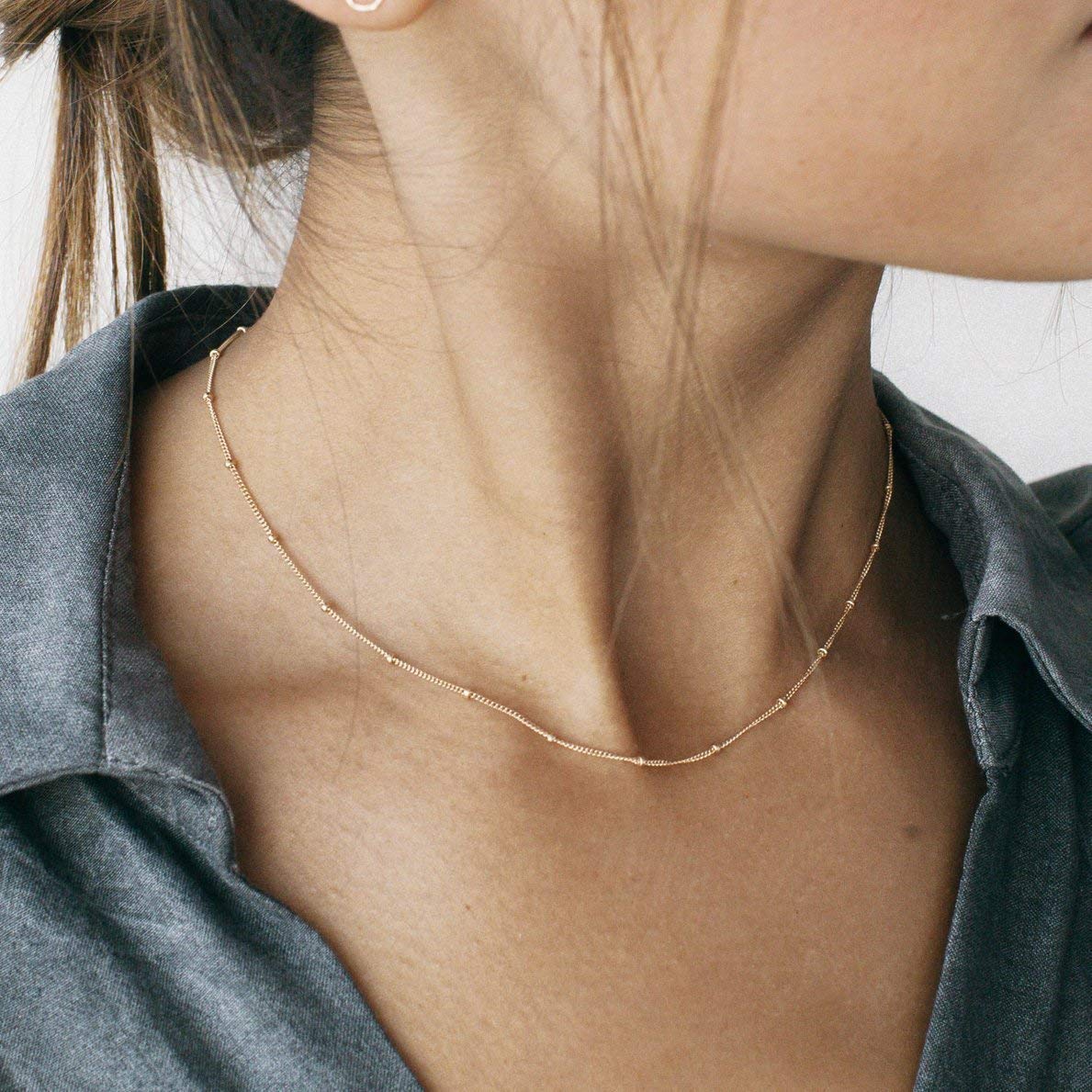 Aobei Pearl 18K Gold Paperclip Chain Choker Satellite Chain Biwa Pearl Pendant Necklace Dainty Jewelry for Women