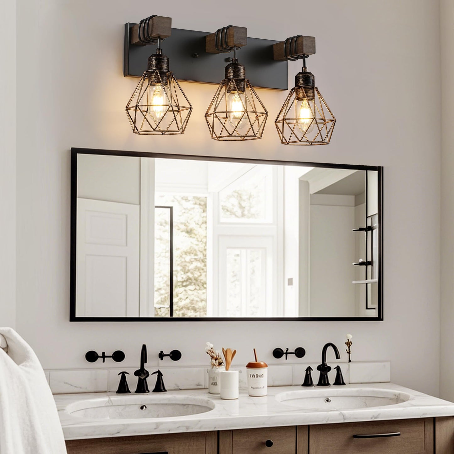 Farmhouse Vanity Light for Bathroom, 3-Light Wood Bathroom Vanity Light Fixtures Over Mirror, Rustic Sconces Wall Lighting with Metal Lampshade for Living Room, Bedroom, Hallway