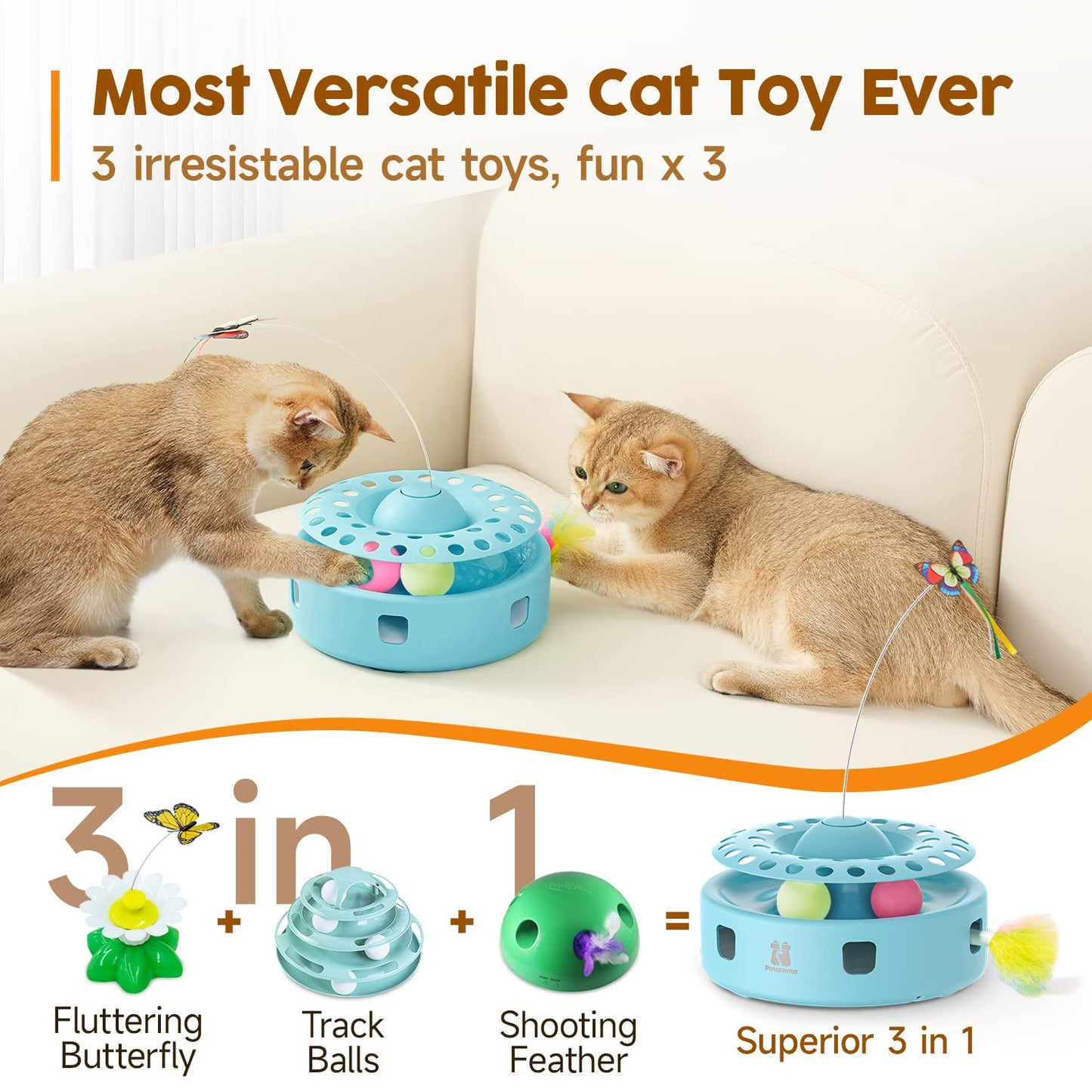 Potaroma Cat Toys 3in1 Automatic Interactive Kitten Toy, Fluttering Butterfly, Moving Ambush Feather, Track Balls, Dual Power Supplies, USB Powered, Indoor Exercise Kicker (Bright White)