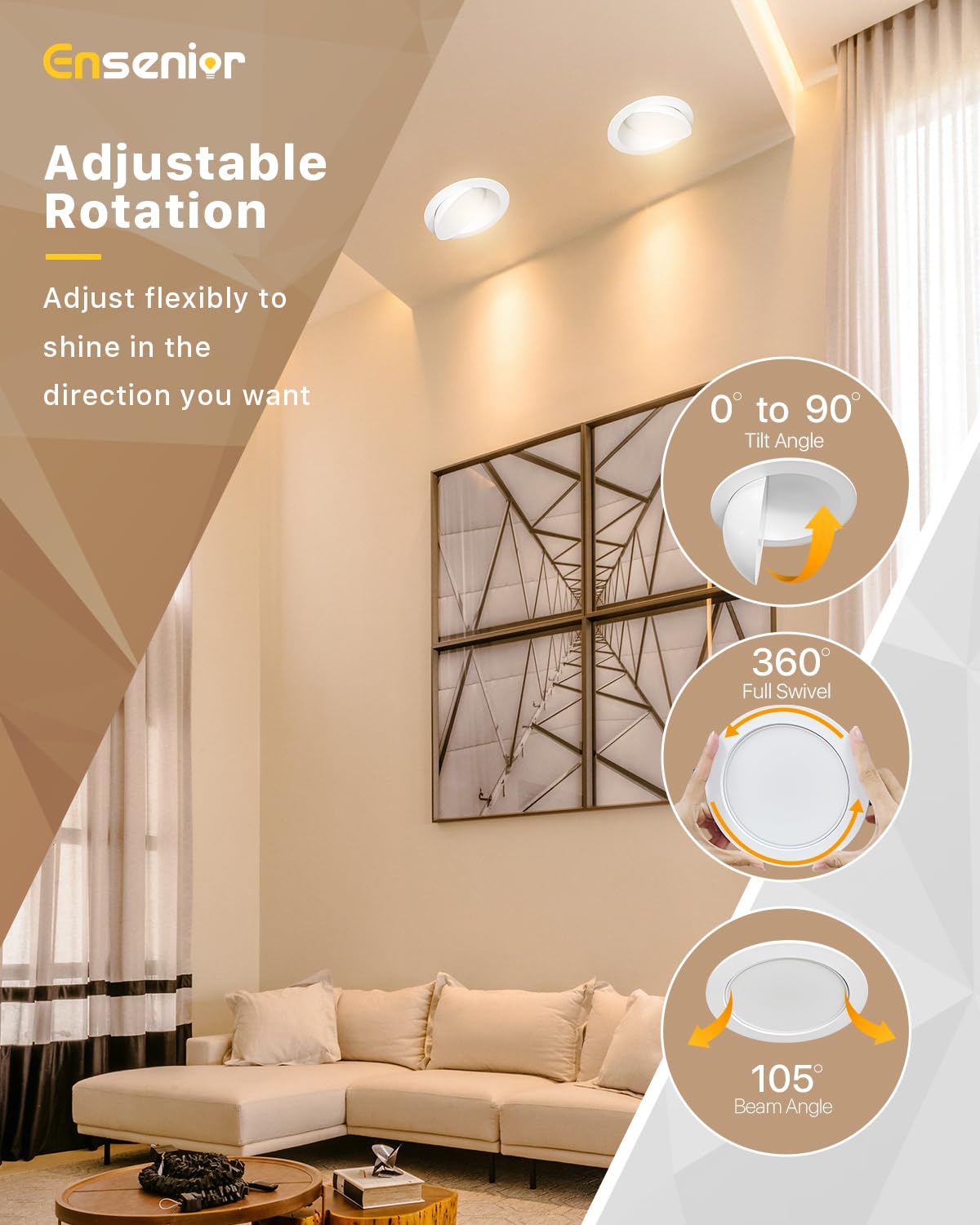 Ensenior 4 Pack 4 inch Gimbal Led Recessed Light with Junction Box, 90° Adjustable Directional Eyeball Lighting, Dimmable, 2700K/3000K/3500K/4000K/5000K, 900LM, 9W=100W-FCC Certified