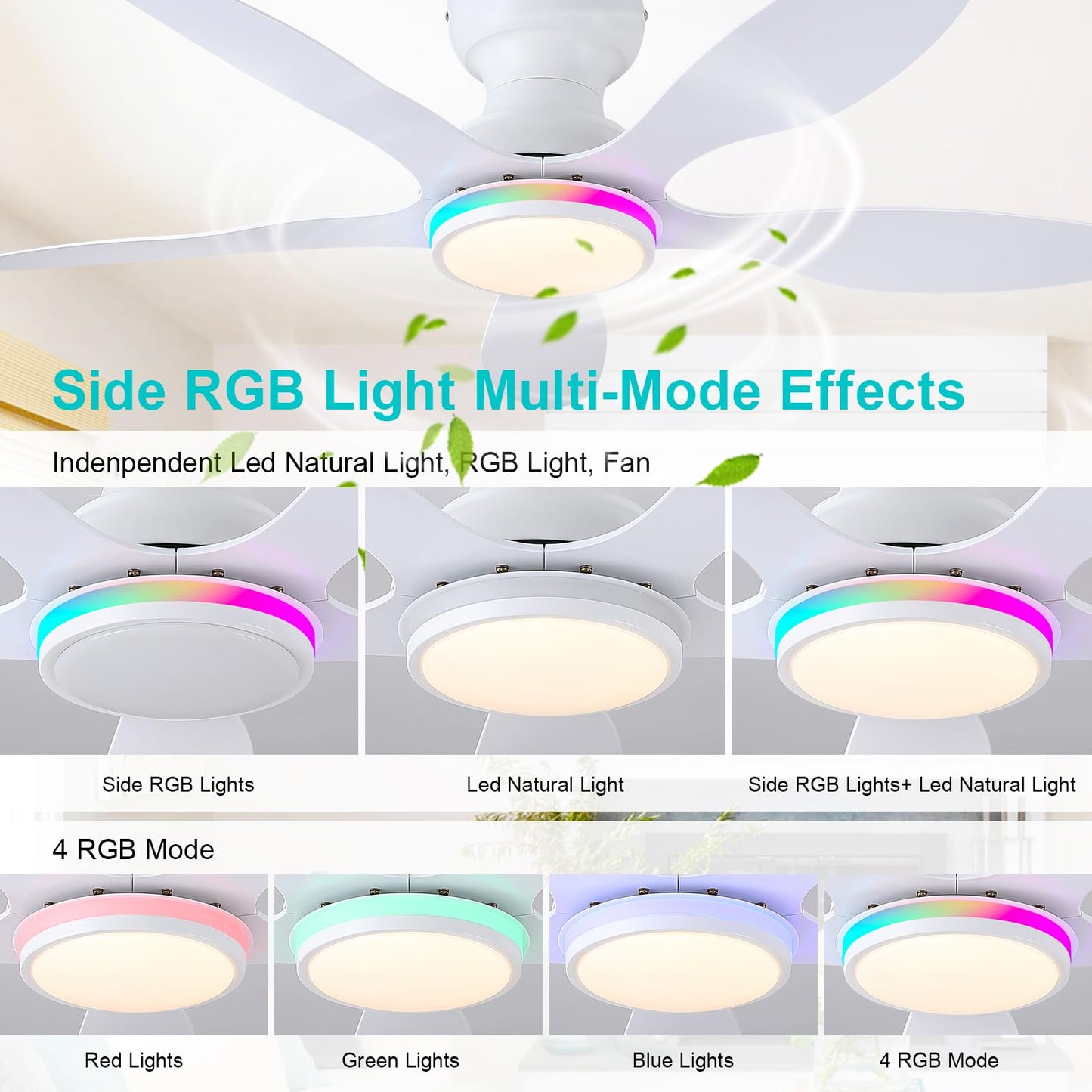 Ceiling Fans with Lights, 51 inch Modern Black Low Profile Ceiling Fan with Light and Remote App Control, Flush Mount, Quiet DC Reversible, Dim Led Ceiling Fan 6 Blade Softer Wind Indoor/Outdoor Patio