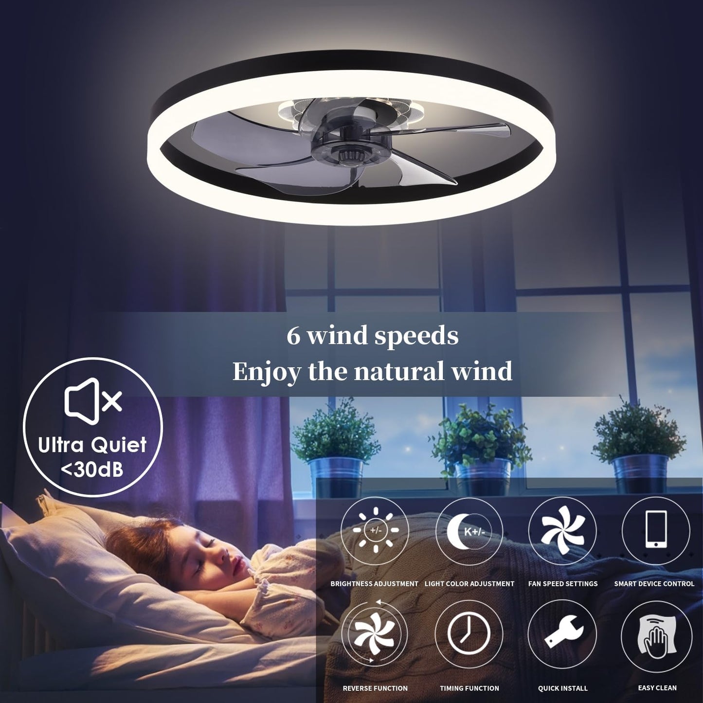 20‘’ Ceiling Fan with Light, Upgraded Low Profile Fan, Flush Mount Ceiling Fan, 6 Speeds, Dimmable LED, App & Remote Control, Quiet DC Motor, for Bedroom, Living Room, F115 White