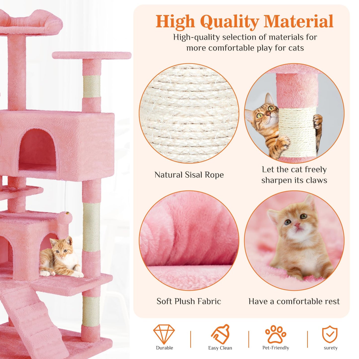Sweetcrispy 54-Inch Cat Tree Tower – Multi-Level with Sisal Scratching Post, Perfect Pet Gift, Indoor Condo with Climbing Ladder, Plush Toy, and More Animal Stuff, Light Grey