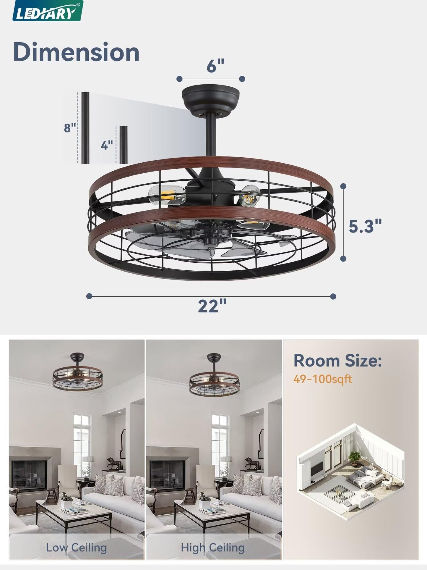 LEDIARY 16.5 inch Black Caged Ceiling Fan with Light, Fandelier Industrial Ceiling Fan with Remote, Farmhouse Fan Lights Ceiling Fixtures for Kitchen, Bedroom, Outdoor(6 Speed, Timing)-Black