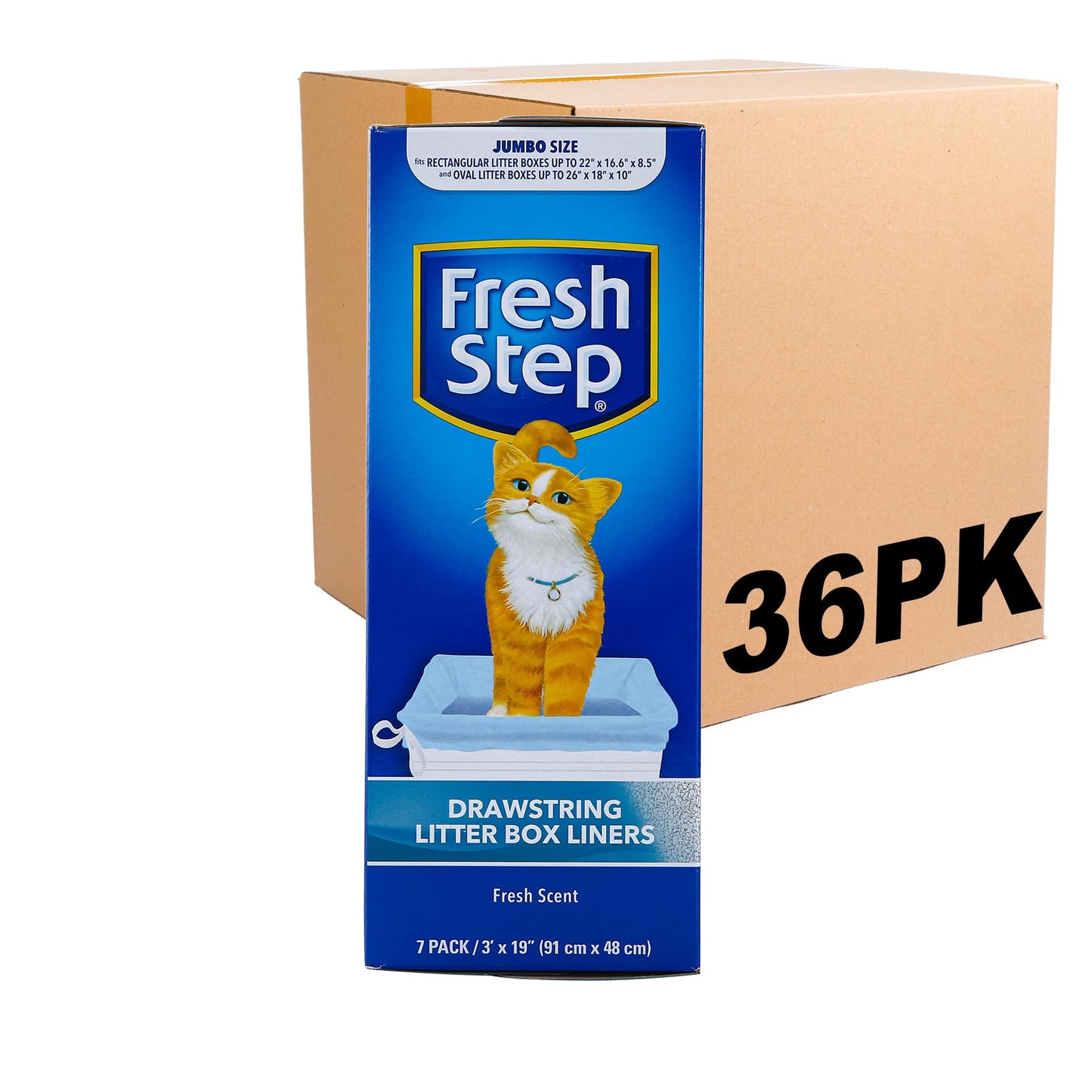 Fresh Step Drawstring Cat Litter Box Liners, Unscented, Size Jumbo, 36" x 19" | Kitty Litter Bags - 15 Count - Cat Litter Liners for Rectangle or Oval Large Litterboxes
