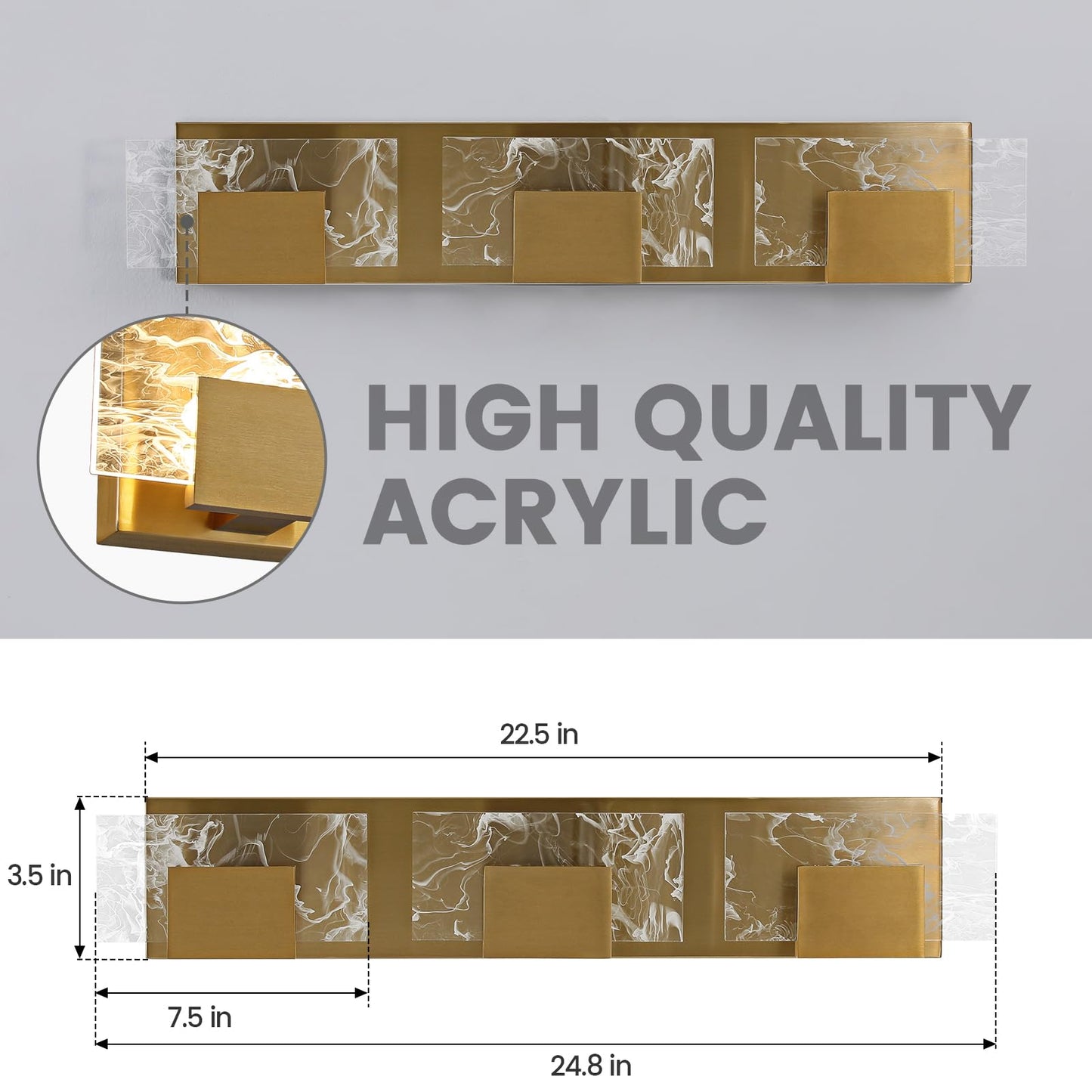 LED Bathroom Vanity Light: 24 inch Brushed Gold Acrylic Modern Lighting Fixtures - 3 Lights Contemporary Smoke Design Wall Lights Fixture Over Mirror 3000K