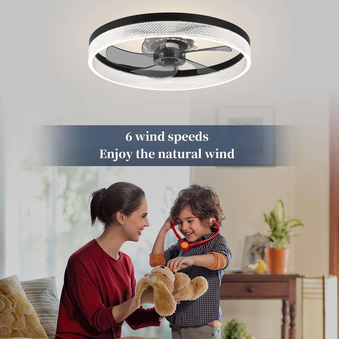 20‘’ Ceiling Fan with Light, Upgraded Low Profile Fan, Flush Mount Ceiling Fan, 6 Speeds, Dimmable LED, App & Remote Control, Quiet DC Motor, for Bedroom, Living Room, F115 White