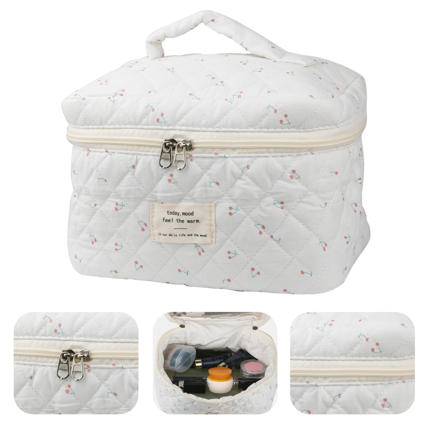 Cute Makeup Bag for Women(2 Pcs), Travel Cosmetic Bags, Quilted Coquette Aesthetic Floral Toiletry Organizer Bag (NavyBlue Flower)