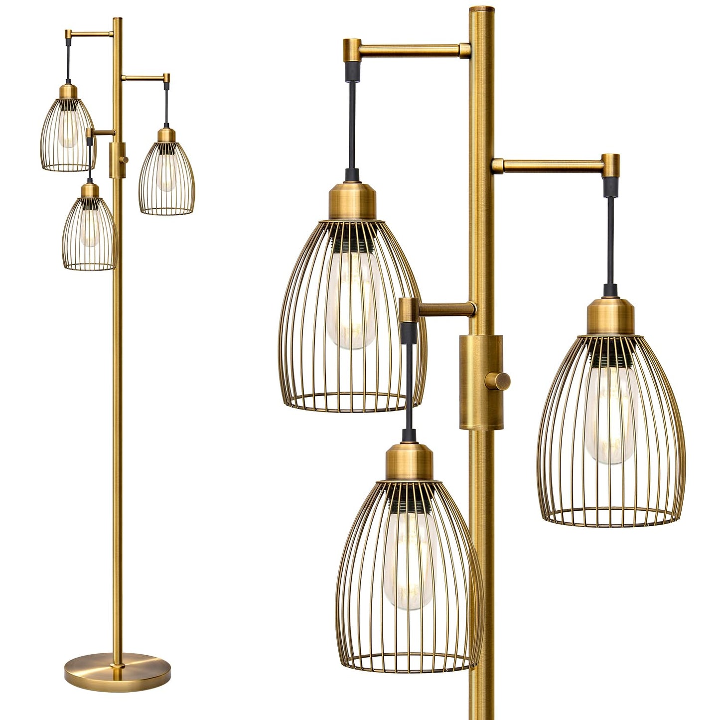 Dimmable Industrial Floor Lamps for Living Room, Gold Tree Standing Tall Lamps with 3 Elegant Teardrop Cage Head & 800 Lumens LED Bulbs for Bedroom Office