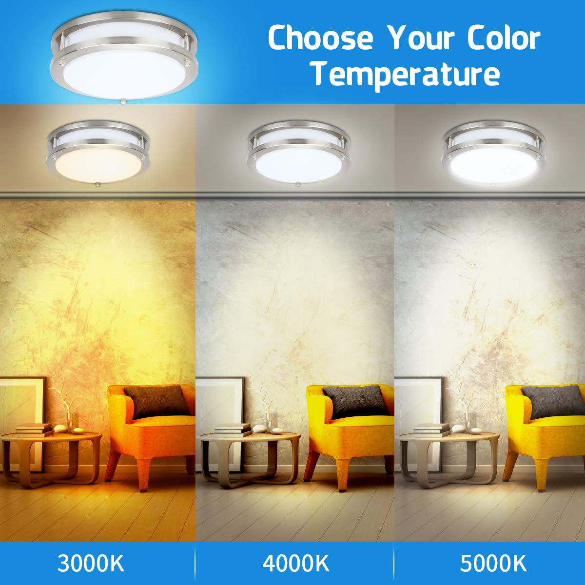 36W Dimmable LED Ceiling Light Fixture, 12 inch Flush Mount Light Fixture, Ceiling Lights for Bedroom, Kitchen, Bathroom, Super Bright 4000 Lumens, 400W Equivalent, 5000K Daylight White