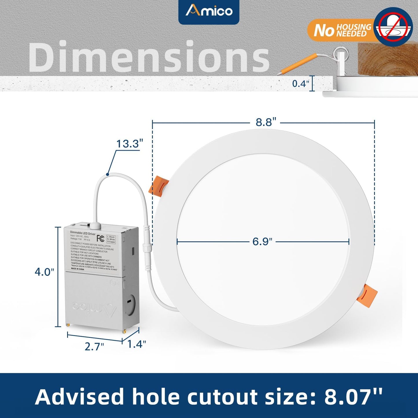 Amico 6 Pack 6 Inch 5CCT Ultra-Thin LED Recessed Ceiling Light with Junction Box, 2700K/3000K/3500K/4000K/5000K Selectable, 12W Eqv 110W 1050LM Brightness Dimmable Canless Wafer Downlight, ETL & FCC