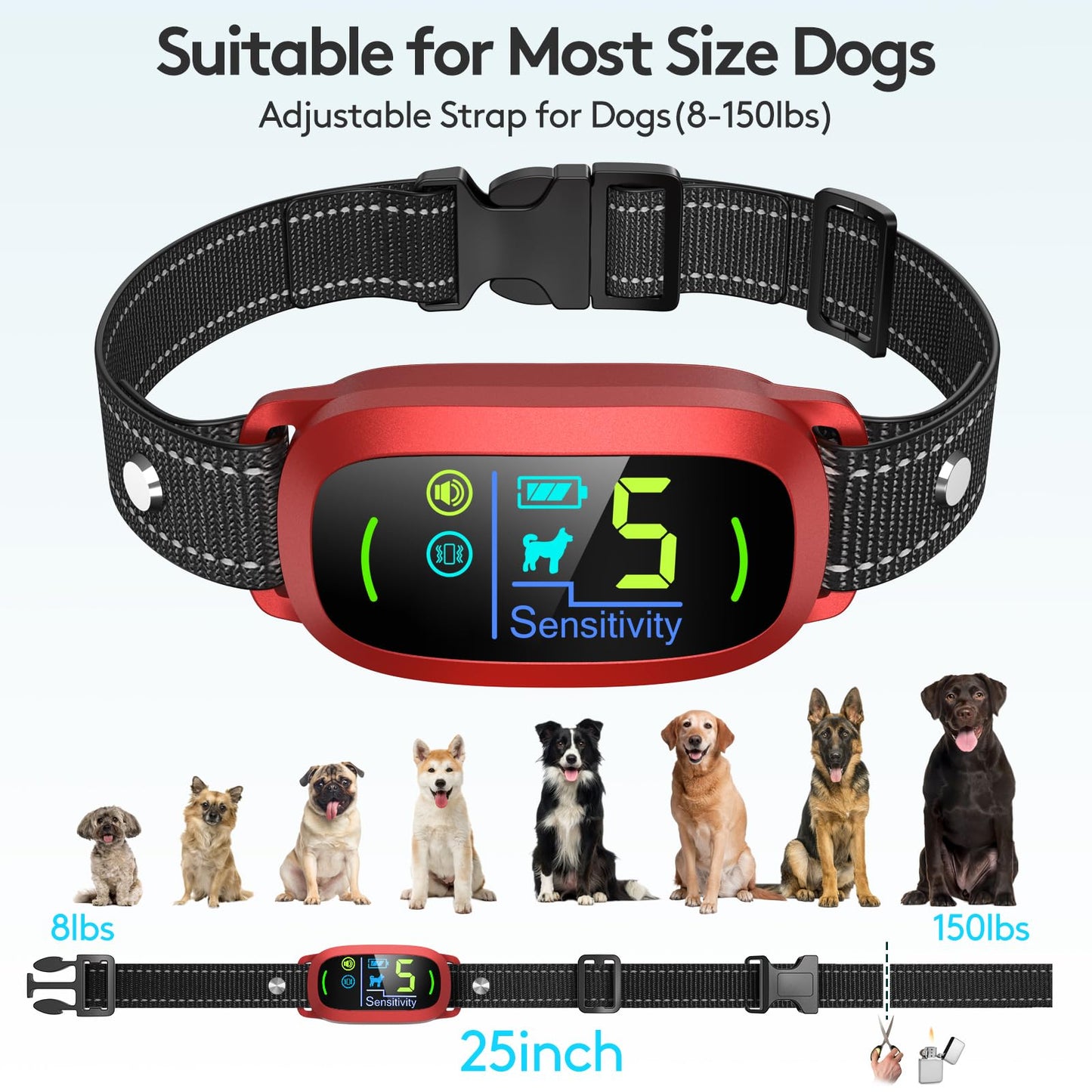 Dog Bark Collar for Large Medium Small Dogs, Rechargeable Smart Bark Collar, Anti Barking Training Collar with 5 Adjustable Sensitivity Beep Vibration (Black)