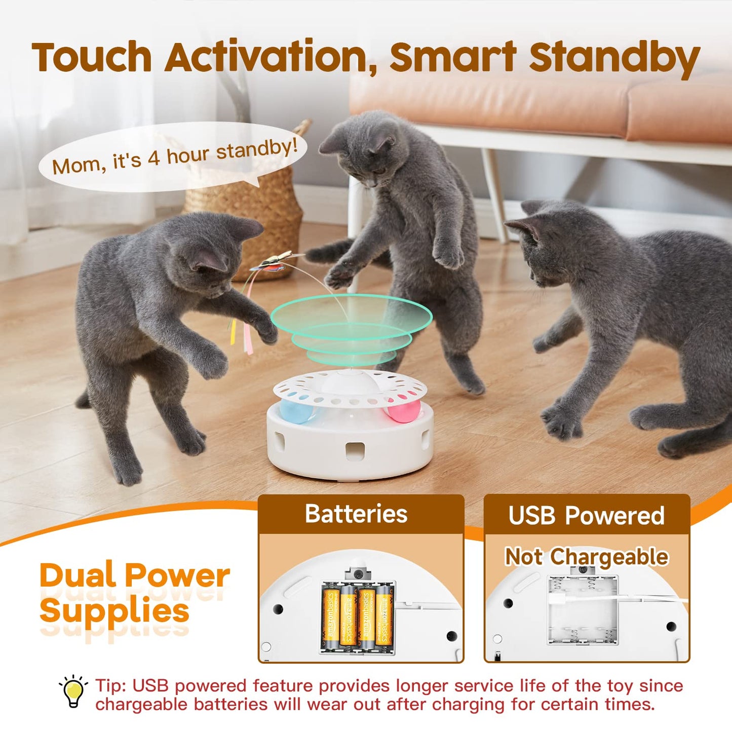 Potaroma Cat Toys 3in1 Automatic Interactive Kitten Toy, Fluttering Butterfly, Moving Ambush Feather, Track Balls, Dual Power Supplies, USB Powered, Indoor Exercise Kicker (Bright White)